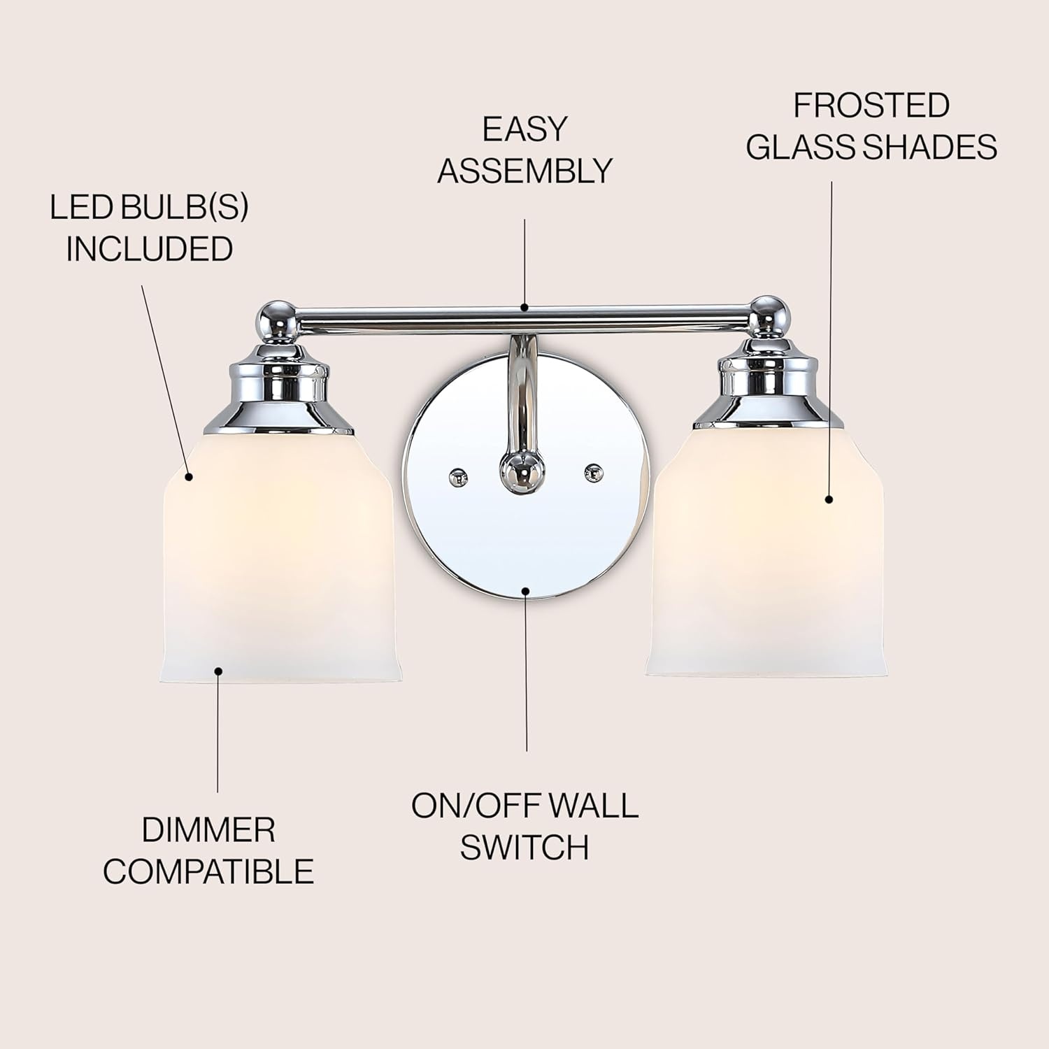 image:imageJONATHAN Y 513 Oil Rubbed Bronze White 1Light Metal Glass Candlestick Vanity Light Wall Sconce Farmhouse Transitional for Bathroom with Frosted Glass Shade LED Bulb Included JYL7549BChrome