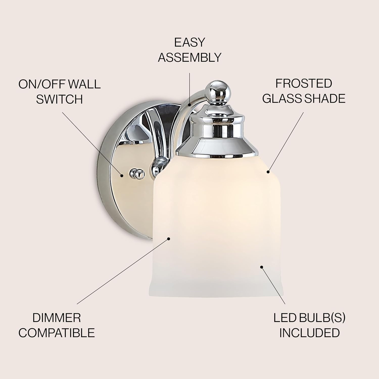 image:imageJONATHAN Y 513 Oil Rubbed Bronze White 1Light Metal Glass Candlestick Vanity Light Wall Sconce Farmhouse Transitional for Bathroom with Frosted Glass Shade LED Bulb Included JYL7549BChrome