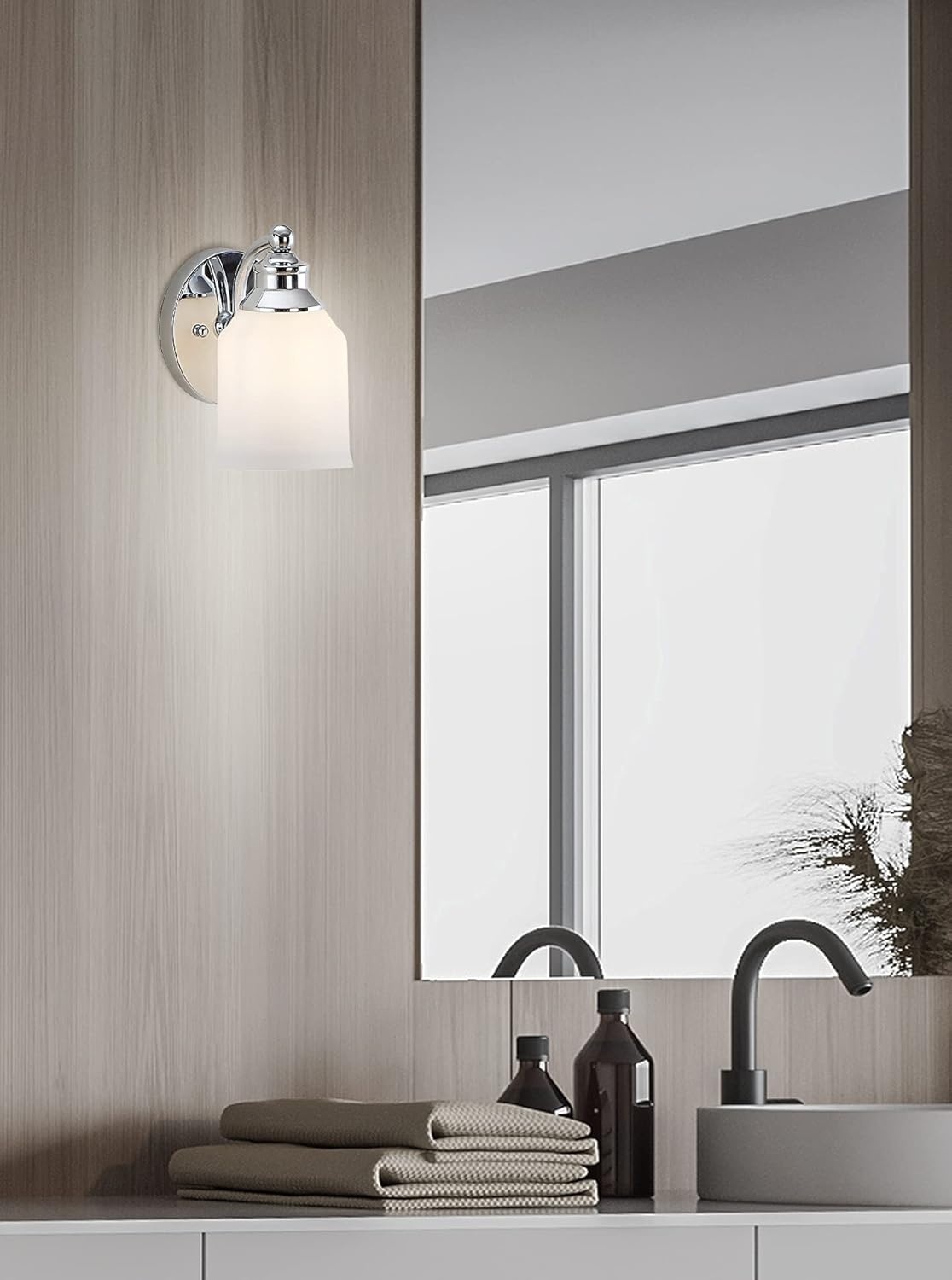 image:imageJONATHAN Y 513 Oil Rubbed Bronze White 1Light Metal Glass Candlestick Vanity Light Wall Sconce Farmhouse Transitional for Bathroom with Frosted Glass Shade LED Bulb Included JYL7549BChrome