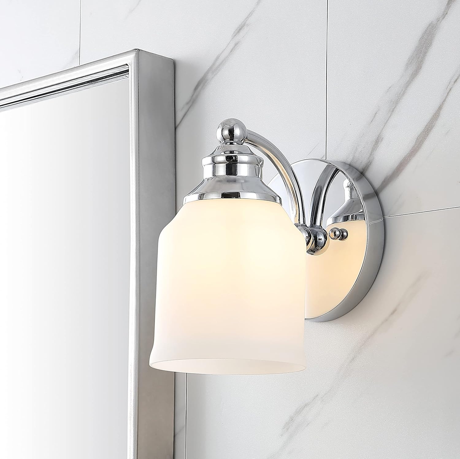 image:imageJONATHAN Y 513 Oil Rubbed Bronze White 1Light Metal Glass Candlestick Vanity Light Wall Sconce Farmhouse Transitional for Bathroom with Frosted Glass Shade LED Bulb Included JYL7549BChrome