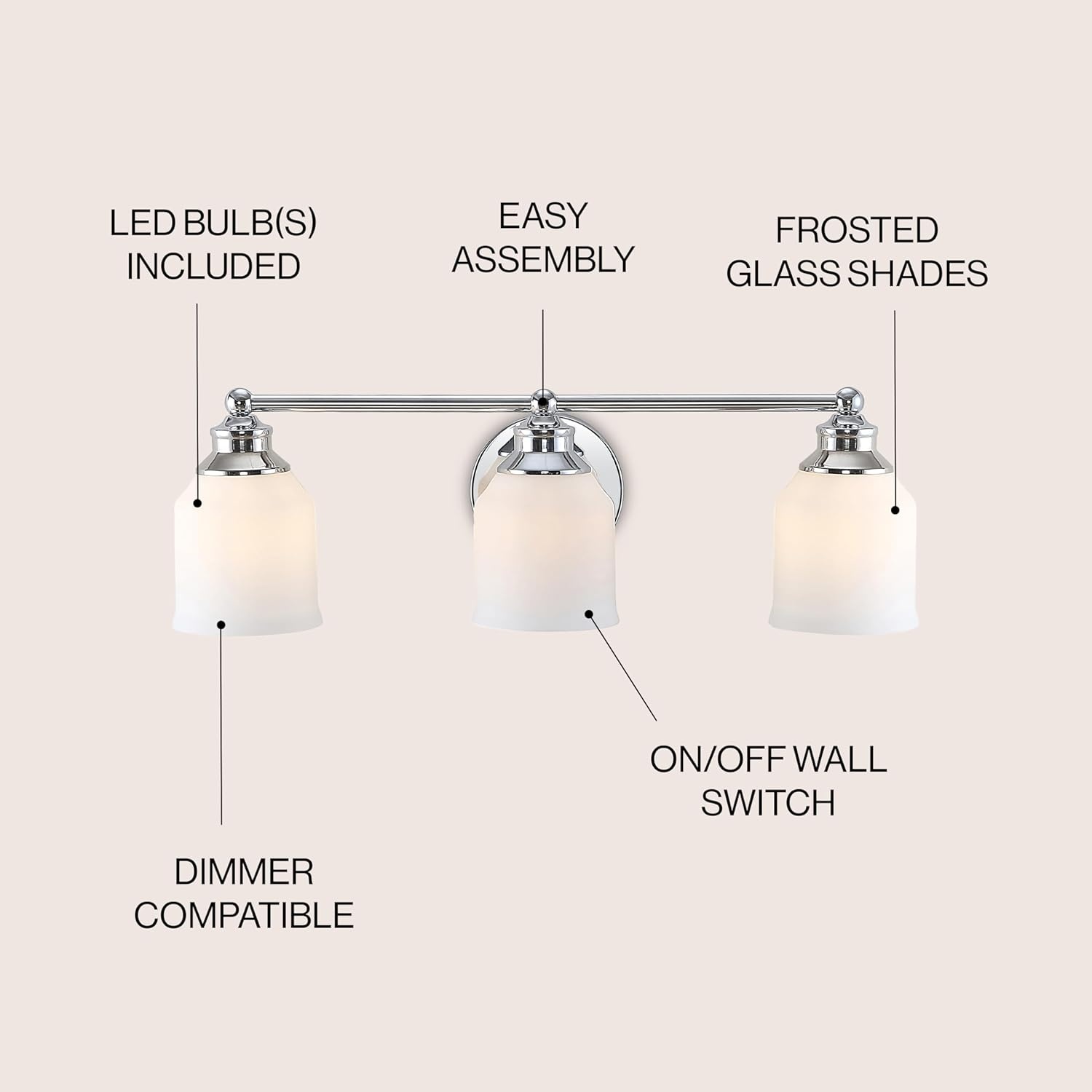 image:imageJONATHAN Y 513 Oil Rubbed Bronze White 1Light Metal Glass Candlestick Vanity Light Wall Sconce Farmhouse Transitional for Bathroom with Frosted Glass Shade LED Bulb Included JYL7549BChrome
