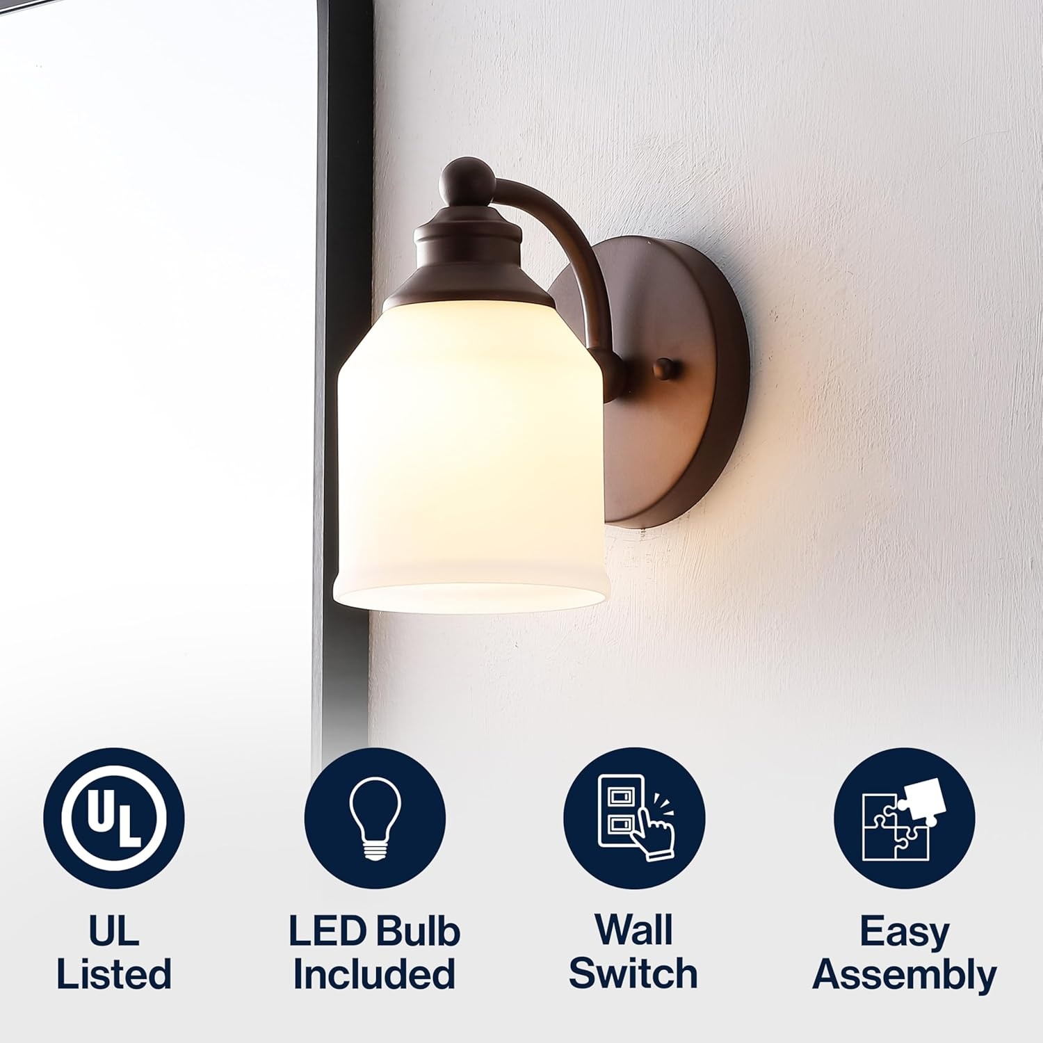 image:imageJONATHAN Y 513 Oil Rubbed Bronze White 1Light Metal Glass Candlestick Vanity Light Wall Sconce Farmhouse Transitional for Bathroom with Frosted Glass Shade LED Bulb Included JYL7549BOil Rubbed BronzeWhite