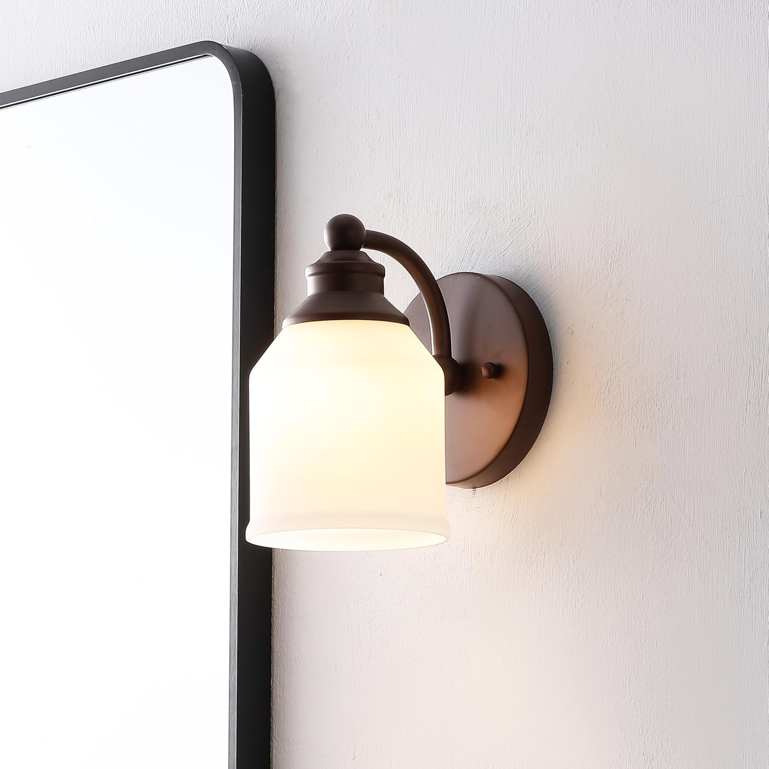 image:imageJONATHAN Y 513 Oil Rubbed Bronze White 1Light Metal Glass Candlestick Vanity Light Wall Sconce Farmhouse Transitional for Bathroom with Frosted Glass Shade LED Bulb Included JYL7549BOil Rubbed BronzeWhite