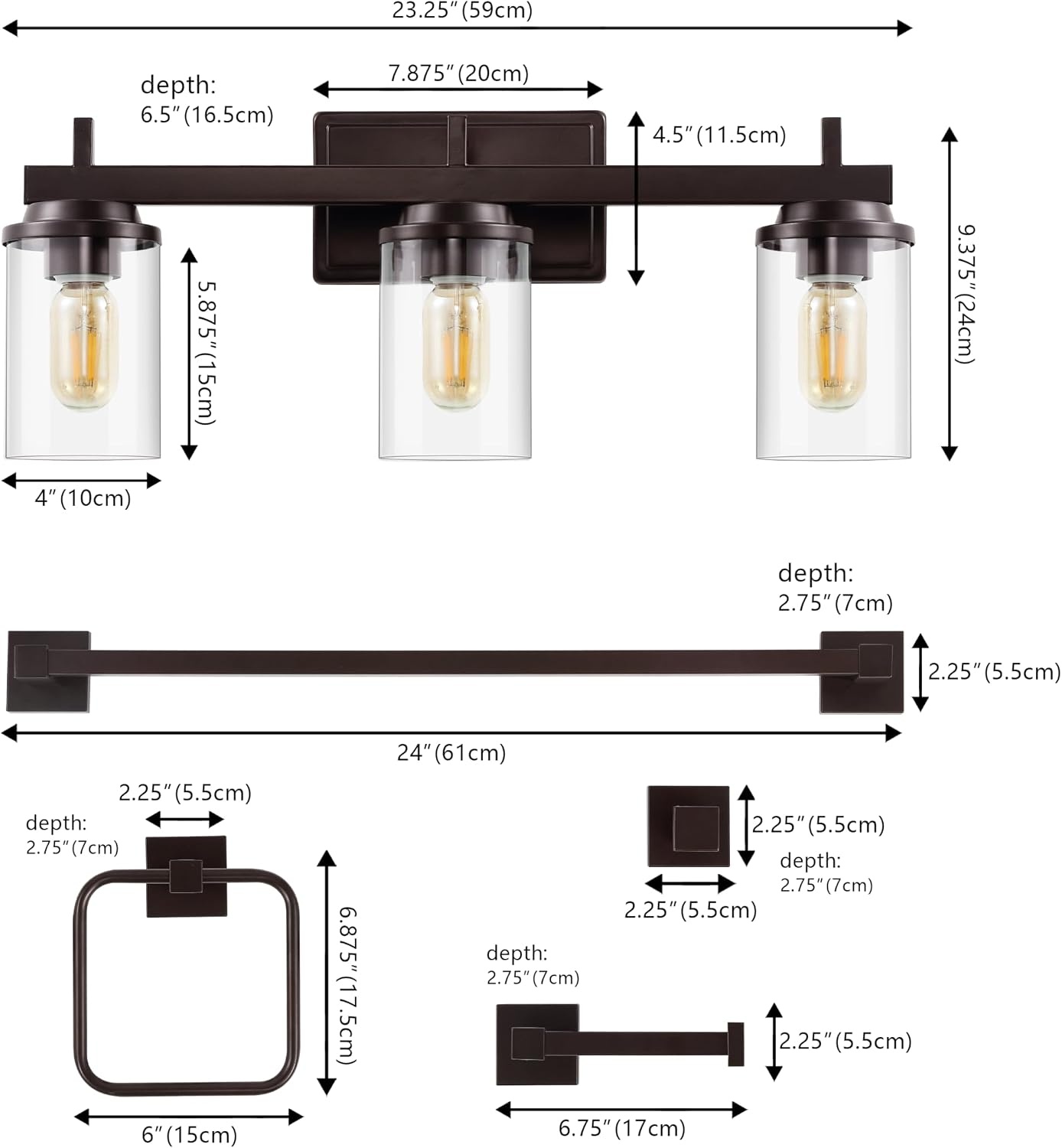 image:imageJONATHAN Y JYL1502A Liam 2325 3Light Farmhouse Industrial Vanity Light with Bathroom Hardware Accessory Set Oil Rubbed Bronze 5Piece Towel Bar amp Ring Toilet Paper Holder Robe HookOilRubbed Bronze