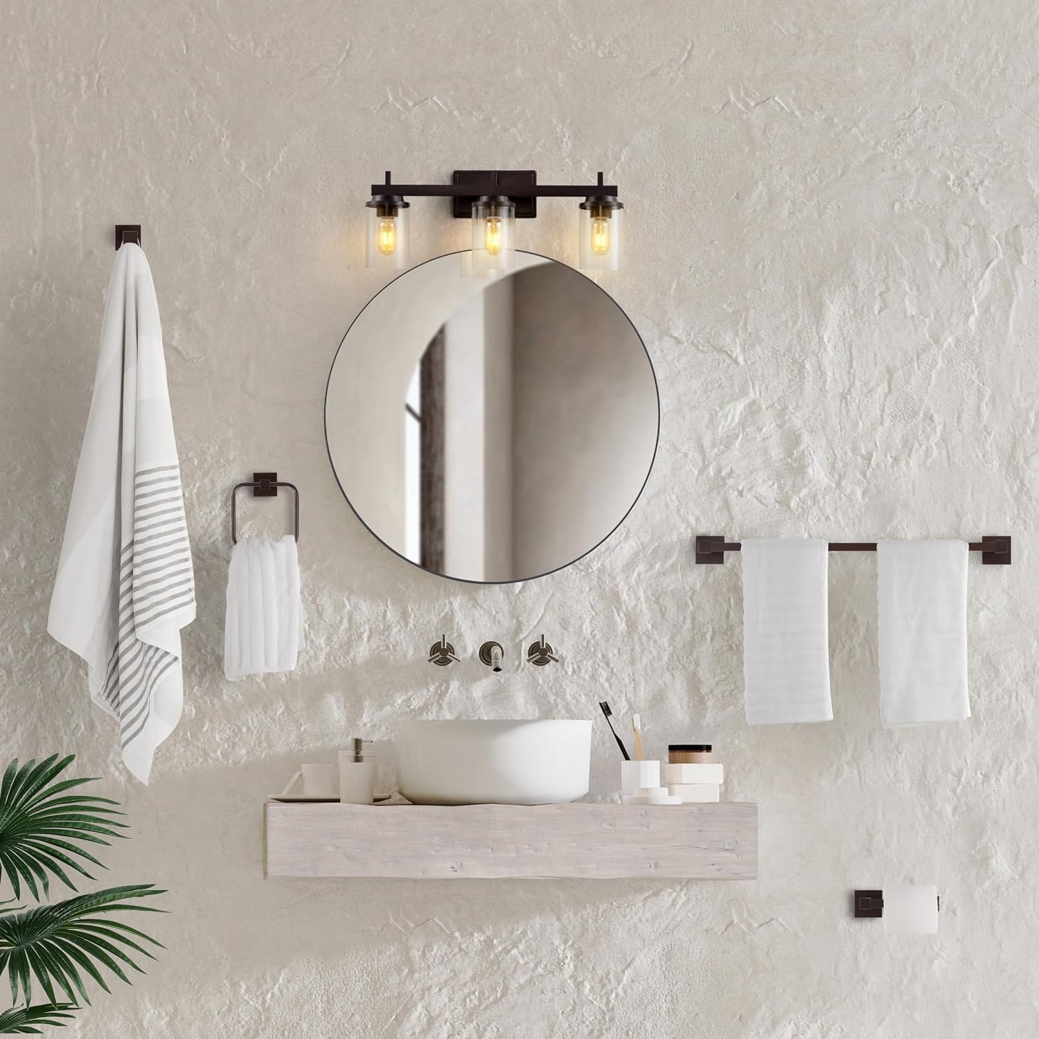 image:imageJONATHAN Y JYL1502A Liam 2325 3Light Farmhouse Industrial Vanity Light with Bathroom Hardware Accessory Set Oil Rubbed Bronze 5Piece Towel Bar amp Ring Toilet Paper Holder Robe HookOilRubbed Bronze