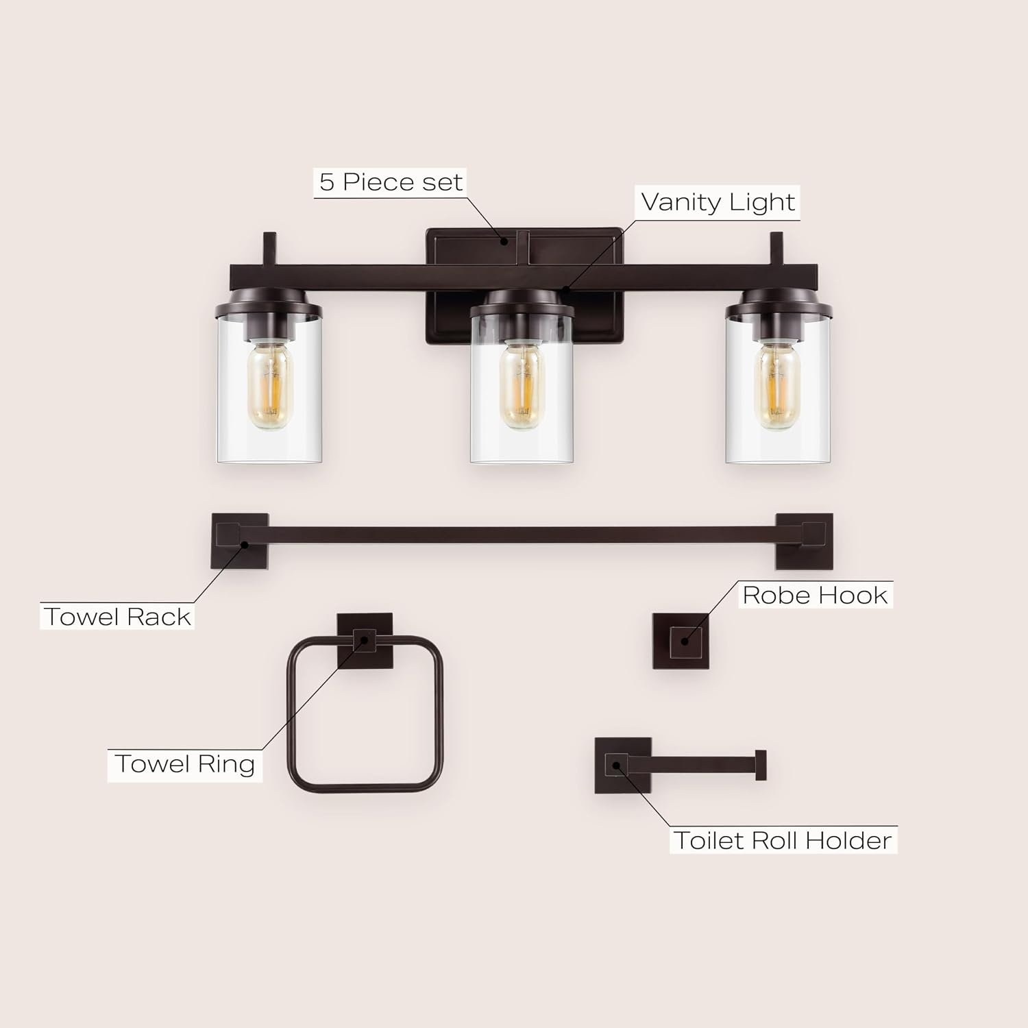 image:imageJONATHAN Y JYL1502A Liam 2325 3Light Farmhouse Industrial Vanity Light with Bathroom Hardware Accessory Set Oil Rubbed Bronze 5Piece Towel Bar amp Ring Toilet Paper Holder Robe HookOilRubbed Bronze