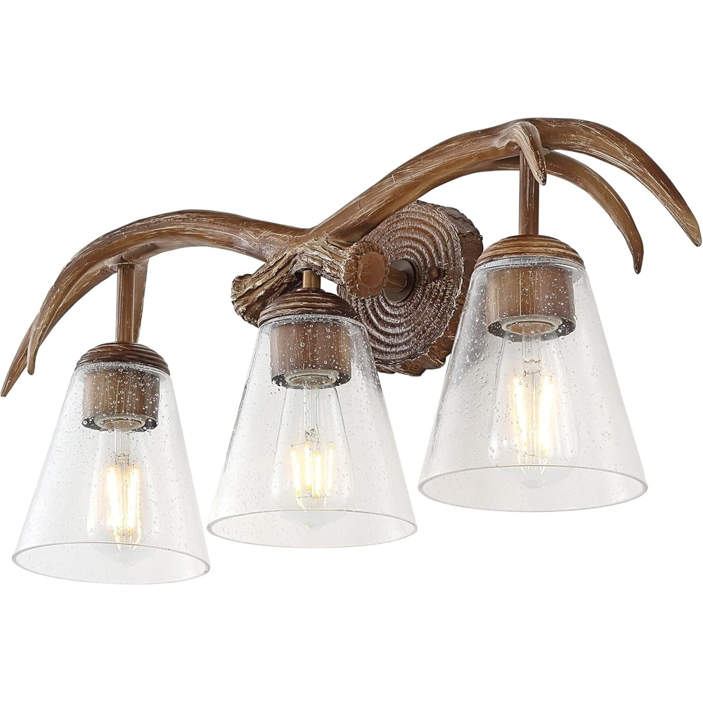 image:imageJONATHAN Y 325 Brown Wood Finish 4Light Resin Antlers Vanity Light Wall Sconce Rustic Farmhouse for Living Room Bathroom with Clear Seeded Glass Shades LED Bulbs Included JYL6315ABrown Wood Finish