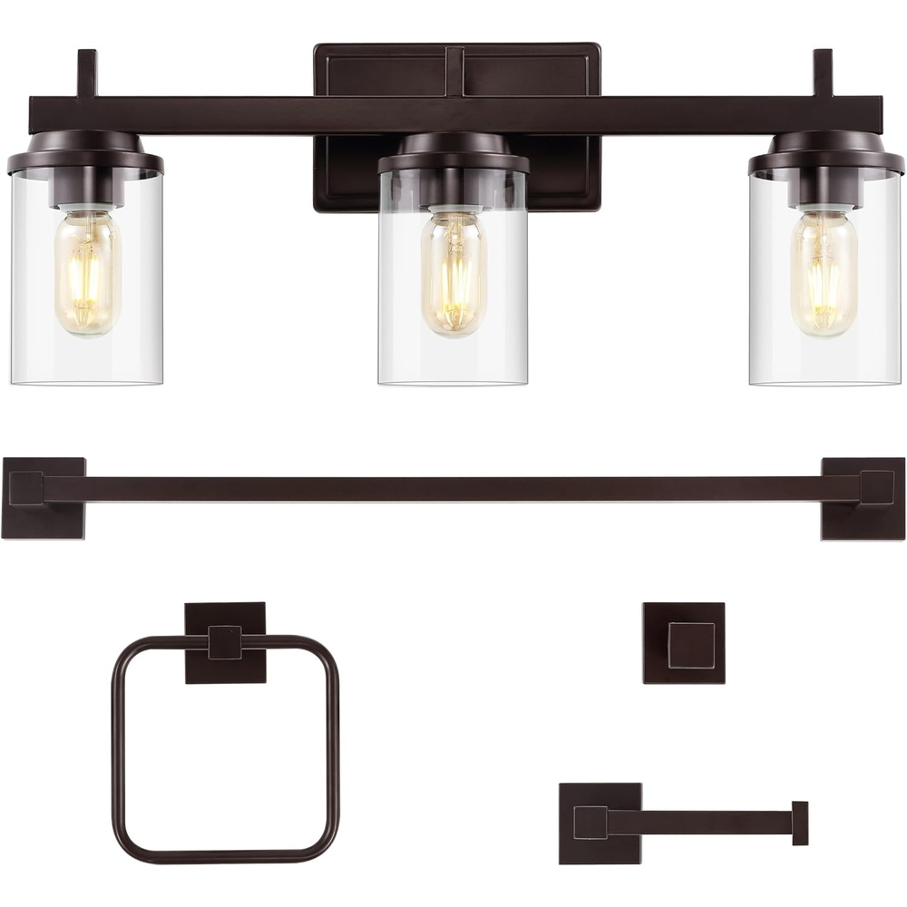 image:imageJONATHAN Y JYL1502A Liam 2325 3Light Farmhouse Industrial Vanity Light with Bathroom Hardware Accessory Set Oil Rubbed Bronze 5Piece Towel Bar amp Ring Toilet Paper Holder Robe HookOilRubbed Bronze