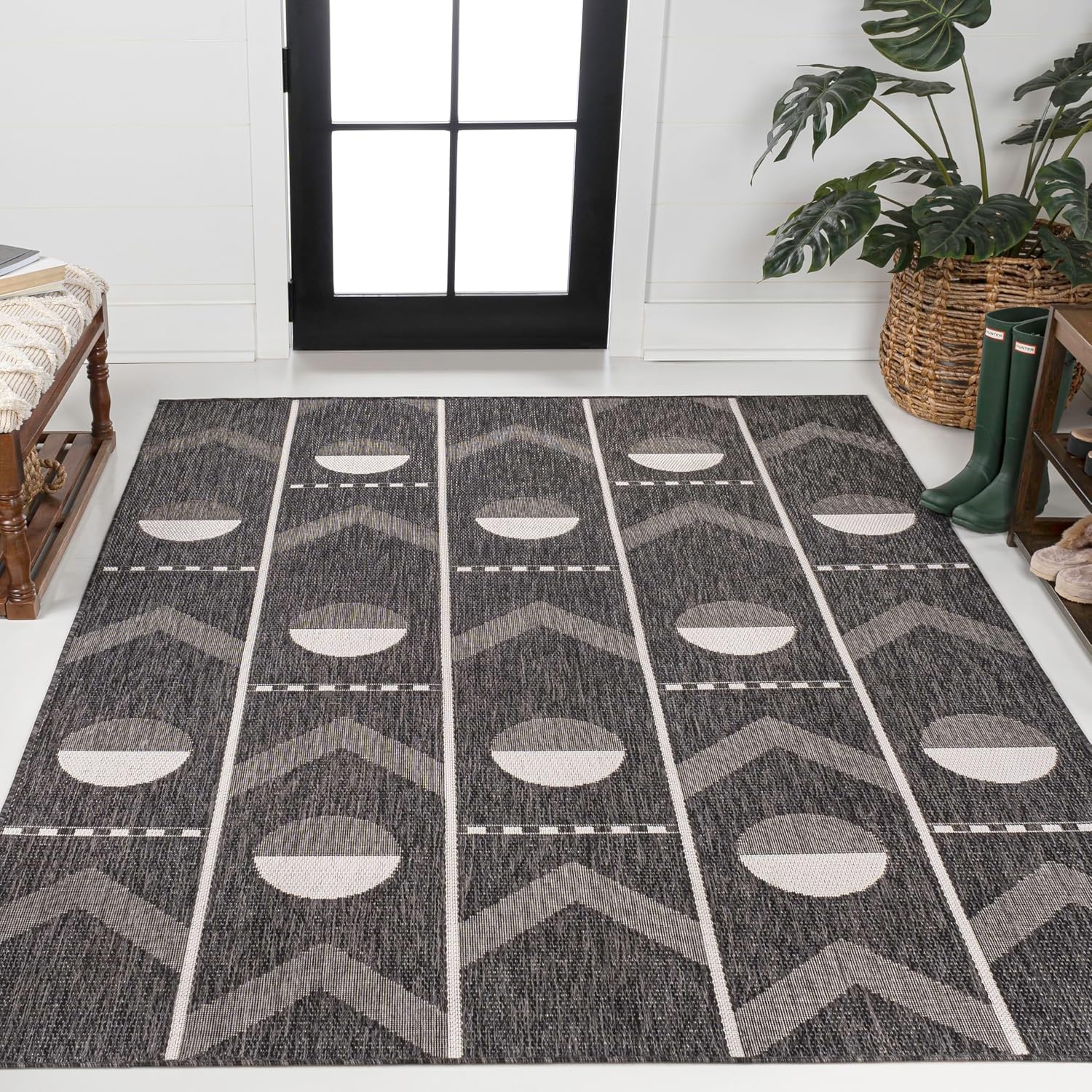 image:imageJONATHAN Y Geometric Indoor Outdoor Area Rug 3X5 NavyCream Soren Modern for Backyard Patio Porch EasyCleaning High Traffic PetFriendly NonShedding TSN304C3BlackCream