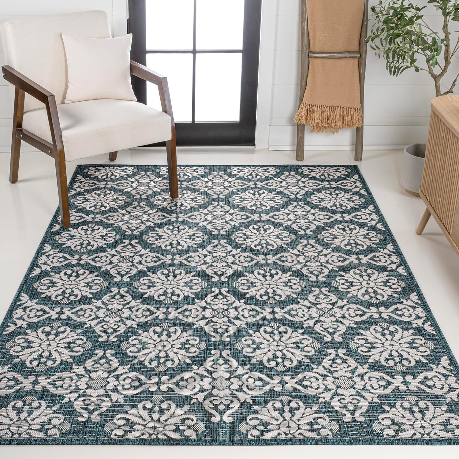 image:imageJONATHAN Y Mediterranean Tile Design Indoor Outdoor Area Rug 3X5 NavyCream Amora Traditional for Backyard Patio Porch EasyCleaning High Traffic PetFriendly NonShedding TSN206A3TurquoiseCream