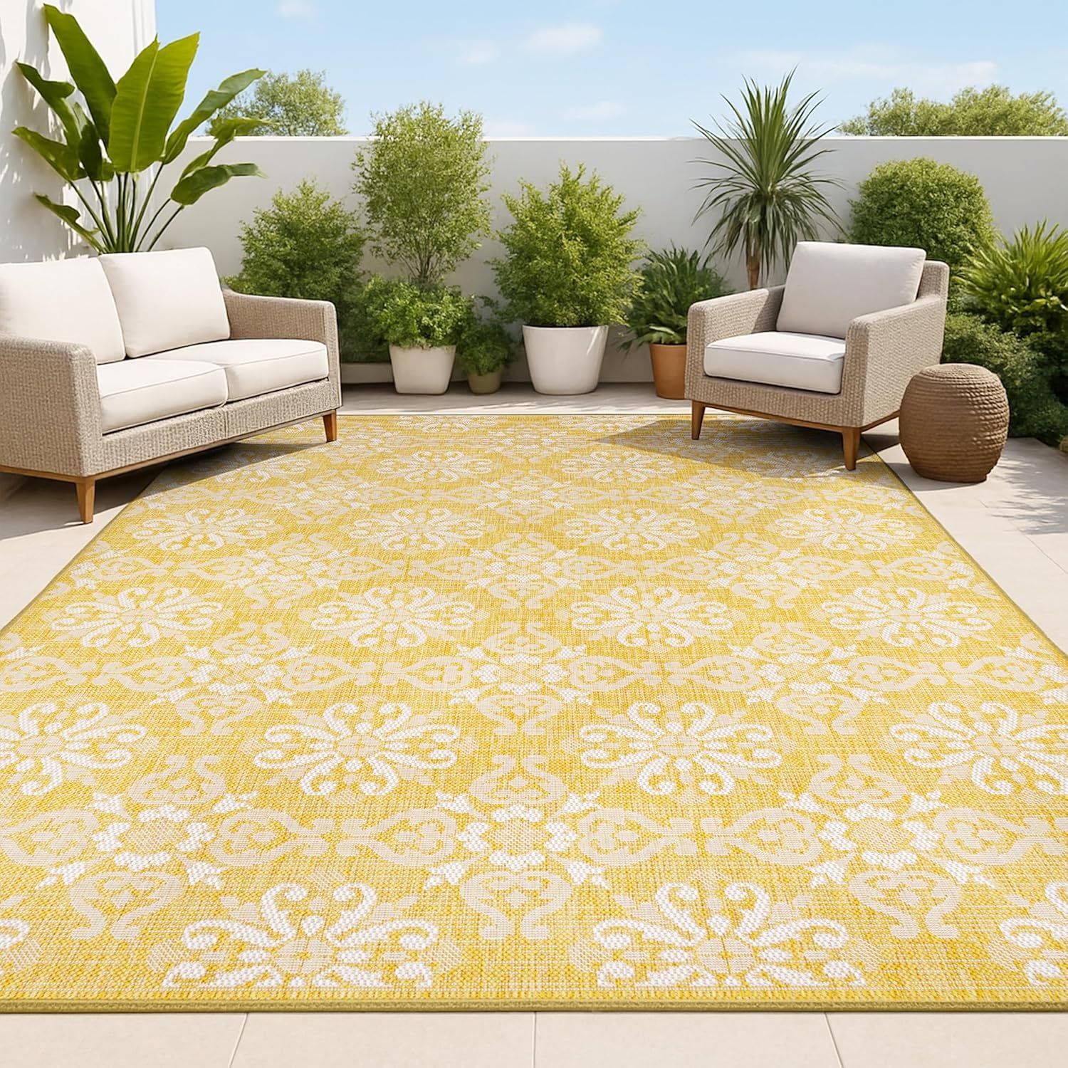image:imageJONATHAN Y Mediterranean Tile Design Indoor Outdoor Area Rug 3X5 NavyCream Amora Traditional for Backyard Patio Porch EasyCleaning High Traffic PetFriendly NonShedding TSN206A3YellowCream