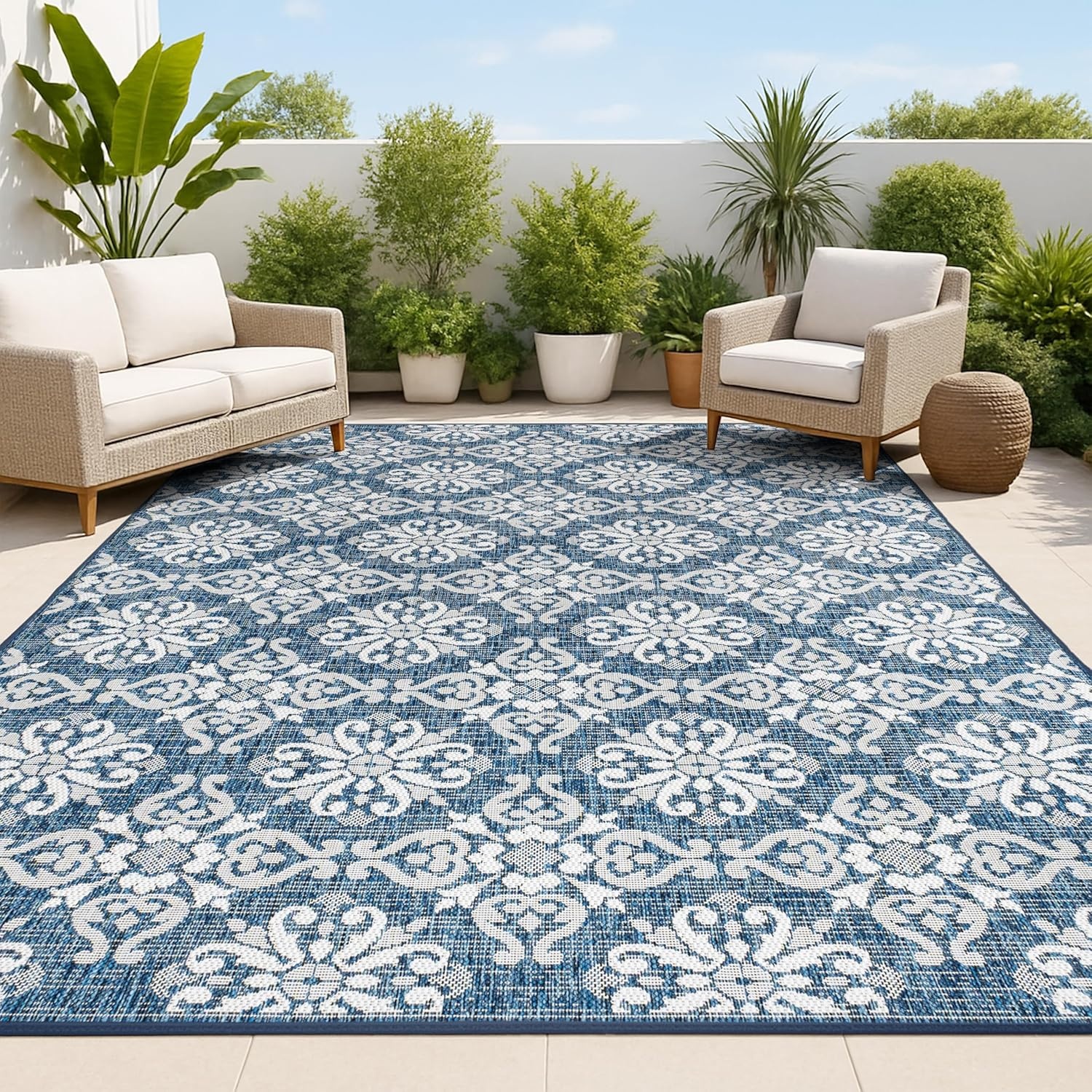 image:imageJONATHAN Y Mediterranean Tile Design Indoor Outdoor Area Rug 3X5 NavyCream Amora Traditional for Backyard Patio Porch EasyCleaning High Traffic PetFriendly NonShedding TSN206A3NavyCream