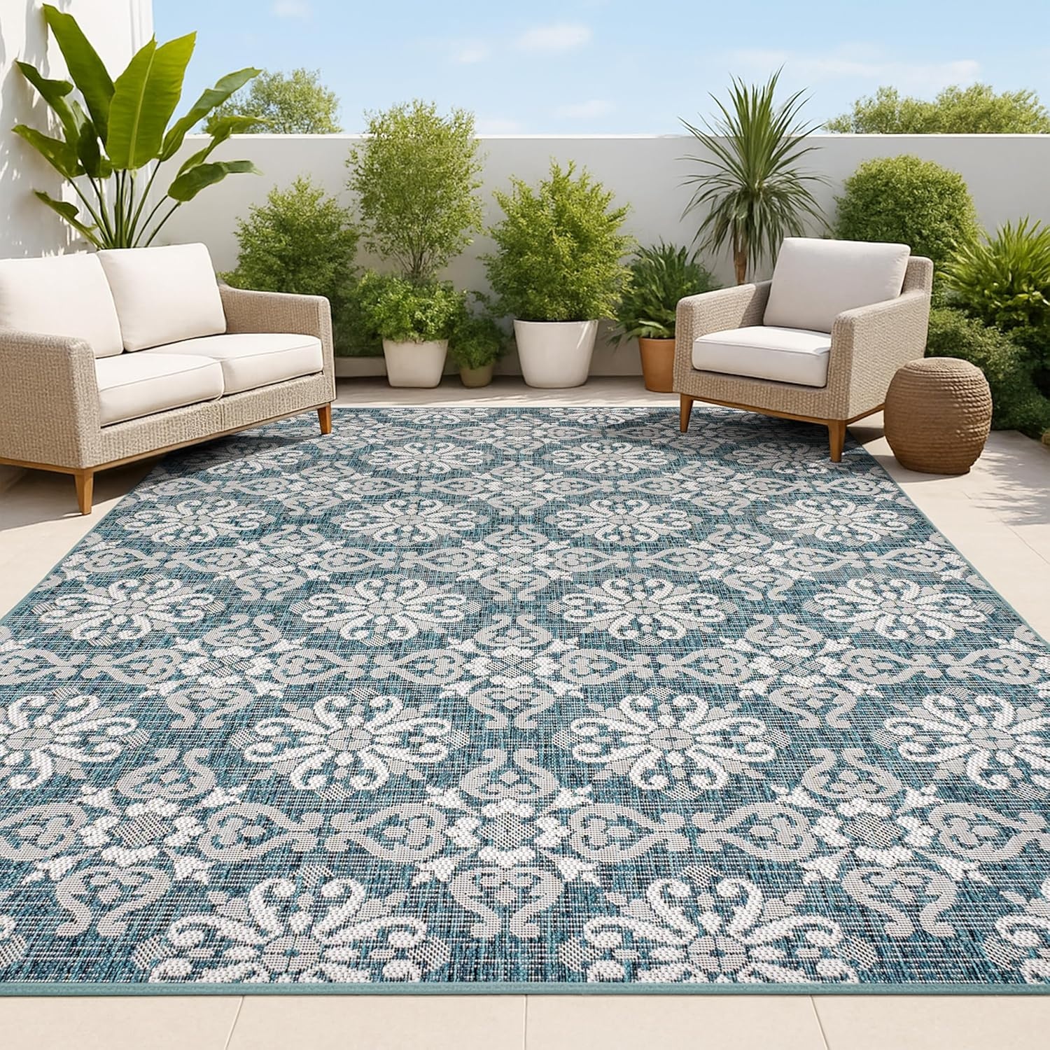 image:imageJONATHAN Y Mediterranean Tile Design Indoor Outdoor Area Rug 3X5 NavyCream Amora Traditional for Backyard Patio Porch EasyCleaning High Traffic PetFriendly NonShedding TSN206A3TurquoiseCream