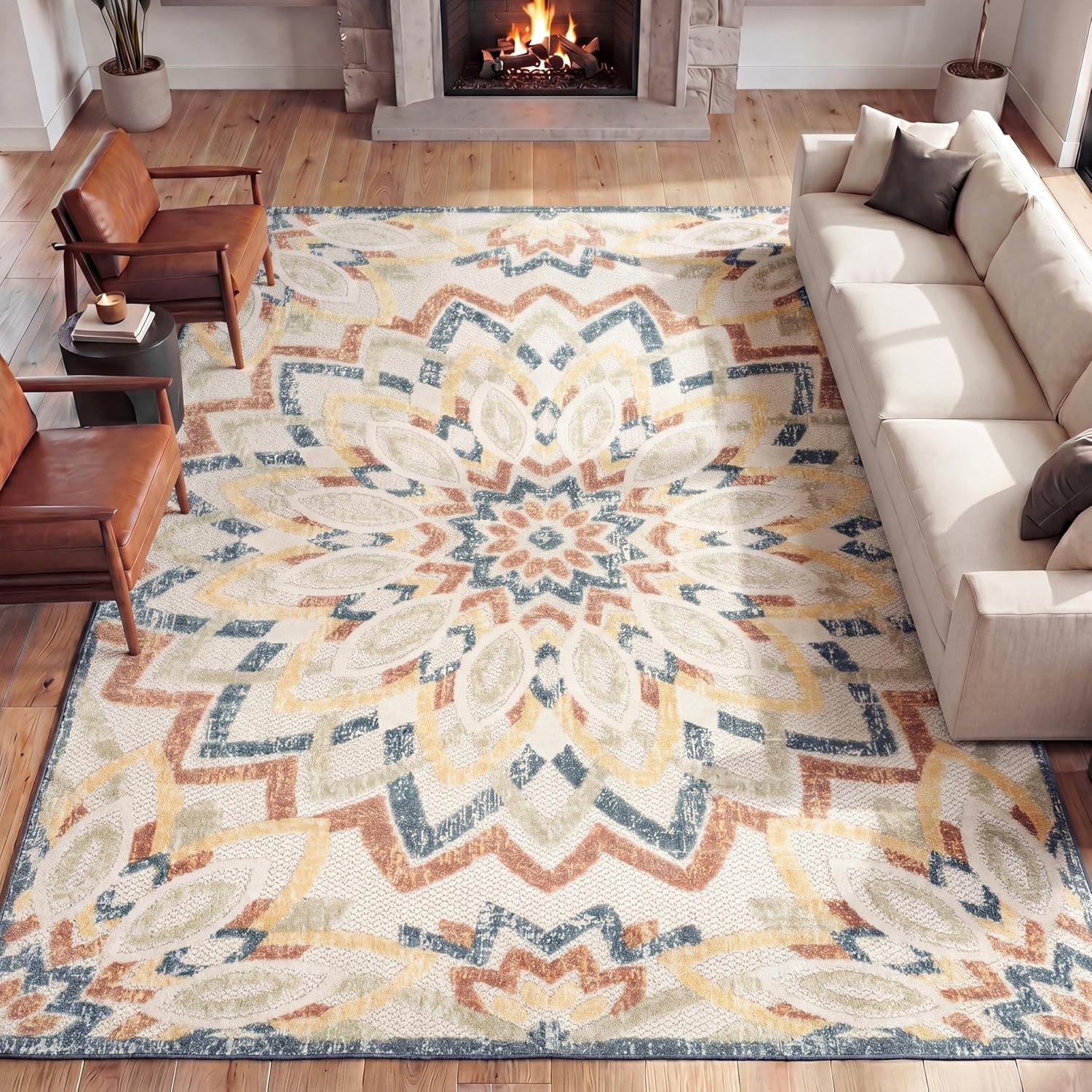 image:imageJONATHAN Y Abstract Bold Mandala Indoor Outdoor Area Rug 3x5 CreamMulti Flora HighLow for Backyard Patio Porch EasyCleaning High Traffic PetFriendly NonShedding AMC112F3