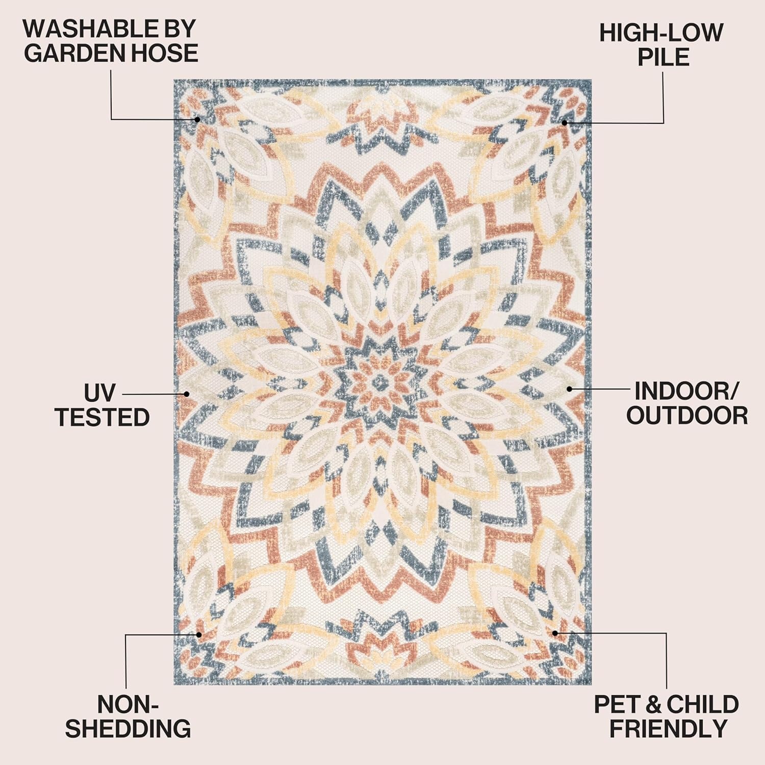 image:imageJONATHAN Y Abstract Bold Mandala Indoor Outdoor Area Rug 3x5 CreamMulti Flora HighLow for Backyard Patio Porch EasyCleaning High Traffic PetFriendly NonShedding AMC112F3