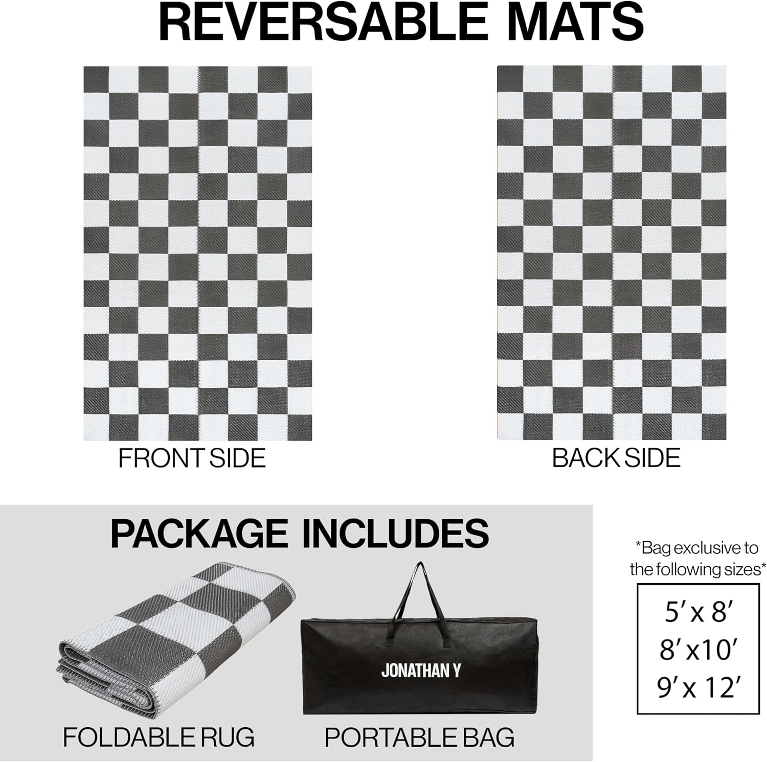 image:imageJONATHAN Y Meadow Grace Polypropylene Bishop Geometric Checker Waterproof Reversible Plastic Straw Outdoor Area Rug for Patio and Entryway 3 x 5 Black and Cream MDW103A3GrayWhite