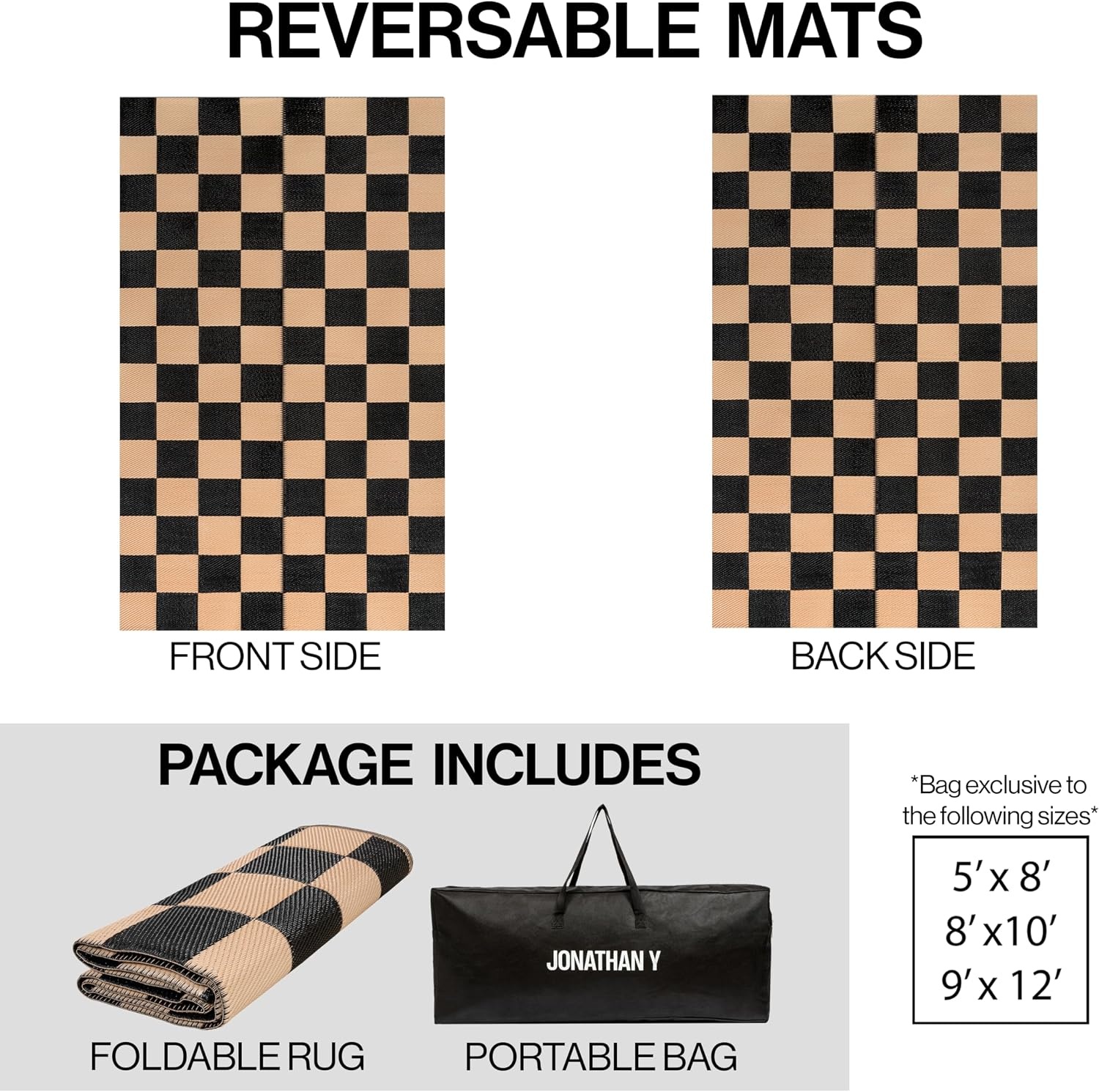 image:imageJONATHAN Y Meadow Grace Polypropylene Bishop Geometric Checker Waterproof Reversible Plastic Straw Outdoor Area Rug for Patio and Entryway 3 x 5 Black and Cream MDW103A3BlackCream