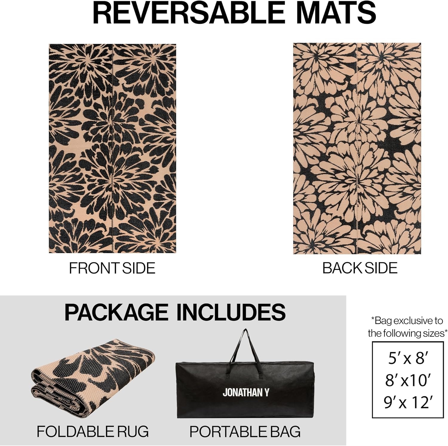image:imageJONATHAN Y Meadow Grace Polypropylene Bloom Modern Floral Waterproof Reversible Plastic Straw Outdoor Area Rug for Patio and Entryway 3 x 5 Black and Cream MDW100A3BlackCream