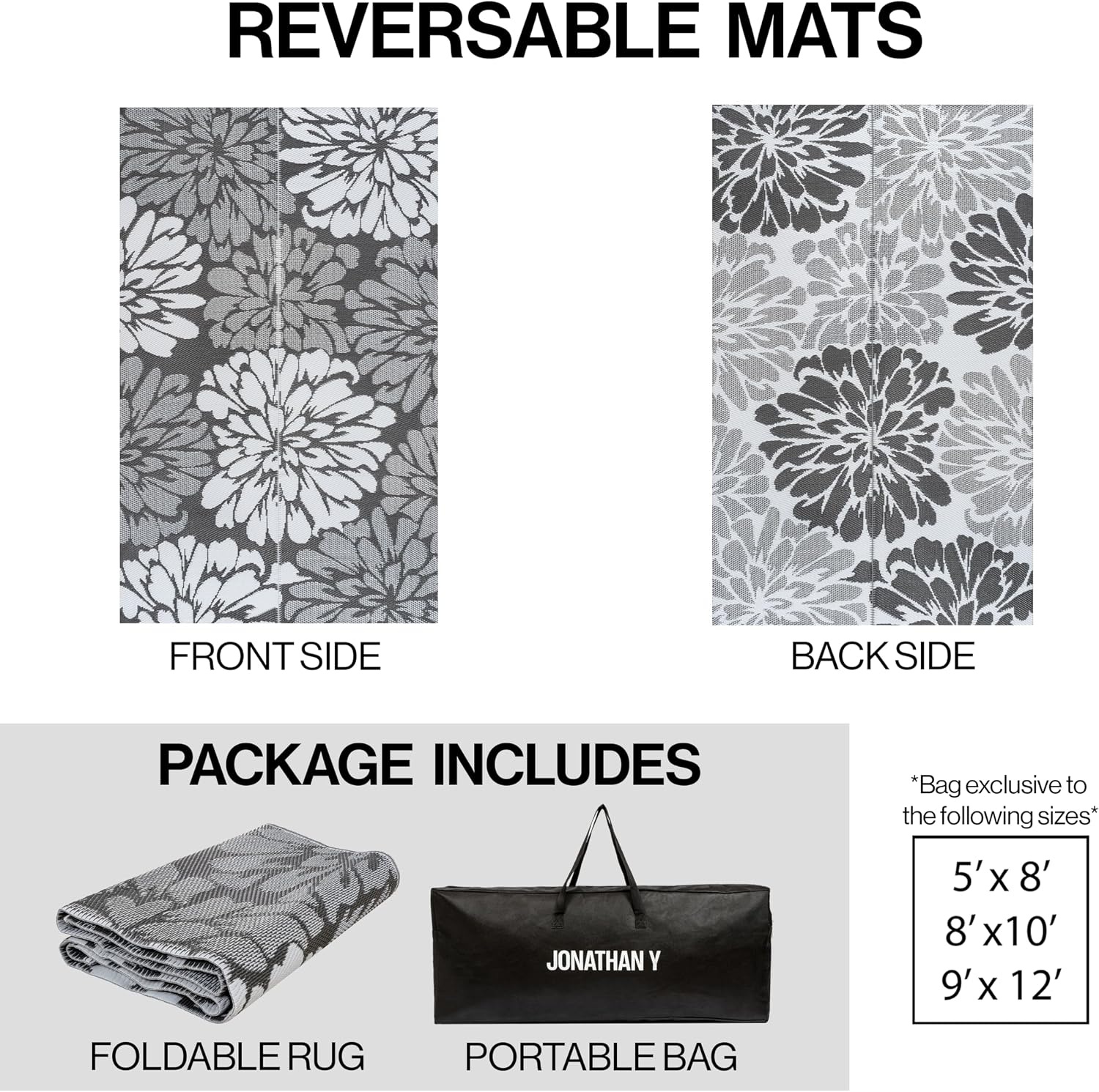 image:imageJONATHAN Y Meadow Grace Polypropylene Bloom Modern Floral Waterproof Reversible Plastic Straw Outdoor Area Rug for Patio and Entryway 3 x 5 Black and Cream MDW100A3GrayWhite