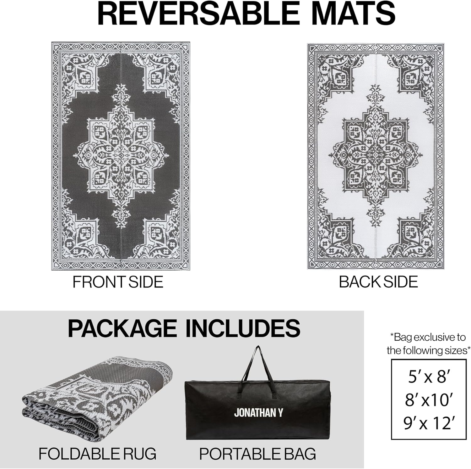 image:imageJONATHAN Y Meadow Grace Polypropylene Dory Medallion Border Waterproof Reversible Plastic Straw Outdoor Area Rug for Patio and Entryway 3 x 5 Gray and White MDW102B3GrayWhite