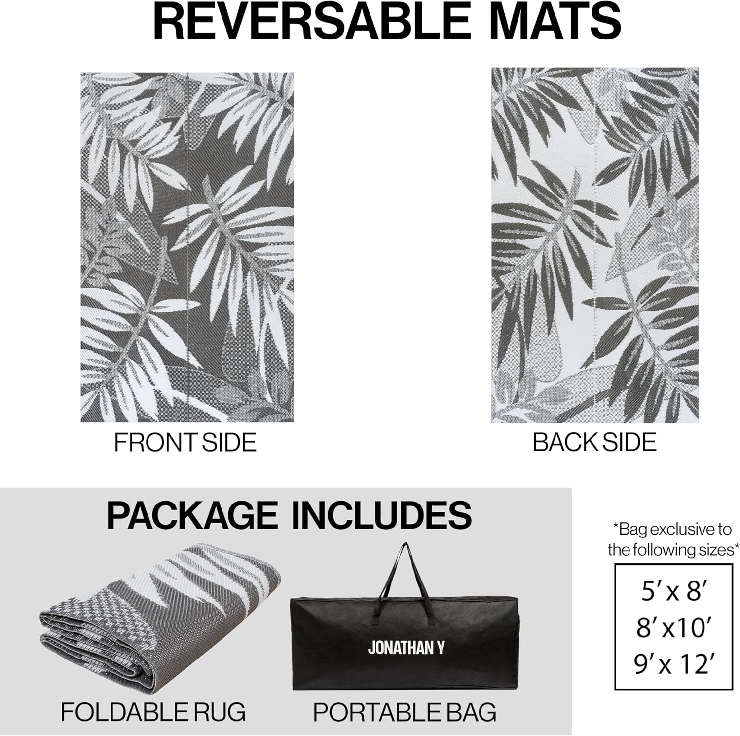 image:imageJONATHAN Y Meadow Grace Polypropylene Wilde Classic Botanical Waterproof Reversible Plastic Straw Outdoor Area Rug for Patio and Entryway 3 x 5 Black and Cream MDW101A3GrayWhite