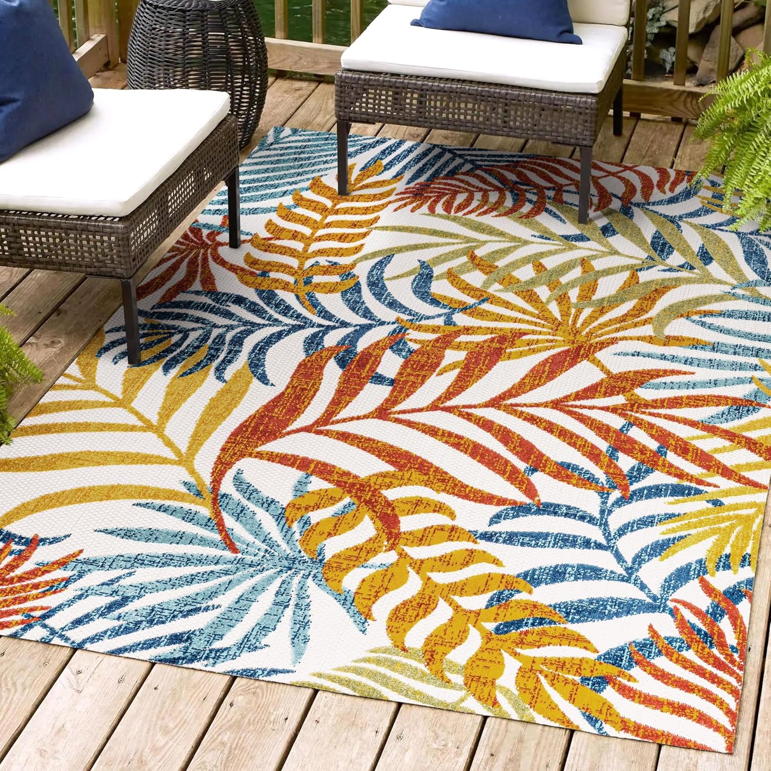 image:imageJONATHAN Y Tropics Palm Leaves Indoor Outdoor Area Rug 3x5 Dark BlueMulti Boho for Backyard Patio Porch EasyCleaning High Traffic PetFriendly NonShedding AMC100E3CreamOrange