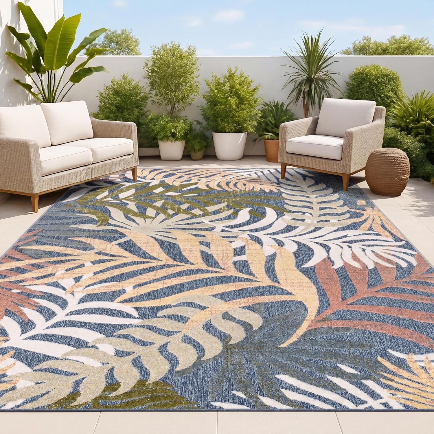 image:imageJONATHAN Y Tropics Palm Leaves Indoor Outdoor Area Rug 3x5 Dark BlueMulti Boho for Backyard Patio Porch EasyCleaning High Traffic PetFriendly NonShedding AMC100E3Dark BlueMulti