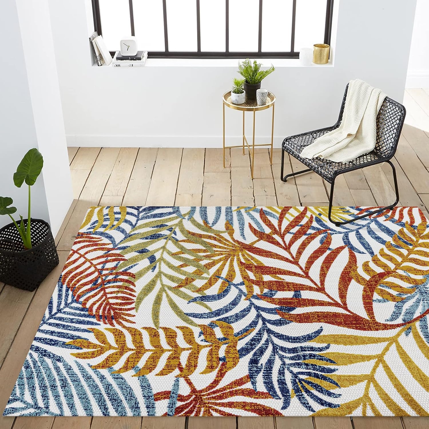 image:imageJONATHAN Y Tropics Palm Leaves Indoor Outdoor Area Rug 3x5 Dark BlueMulti Boho for Backyard Patio Porch EasyCleaning High Traffic PetFriendly NonShedding AMC100E3CreamOrange