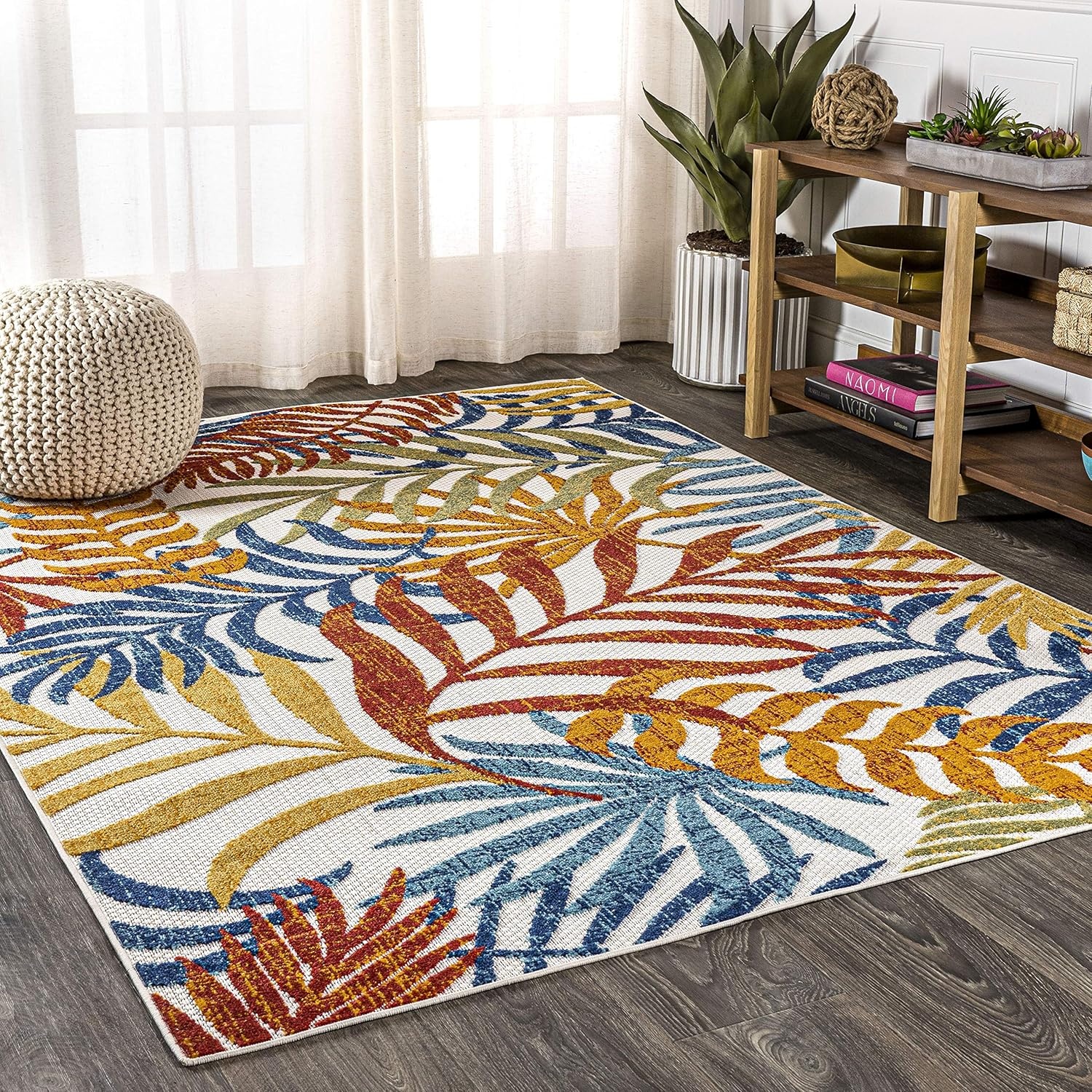 image:imageJONATHAN Y Tropics Palm Leaves Indoor Outdoor Area Rug 3x5 Dark BlueMulti Boho for Backyard Patio Porch EasyCleaning High Traffic PetFriendly NonShedding AMC100E3CreamOrange