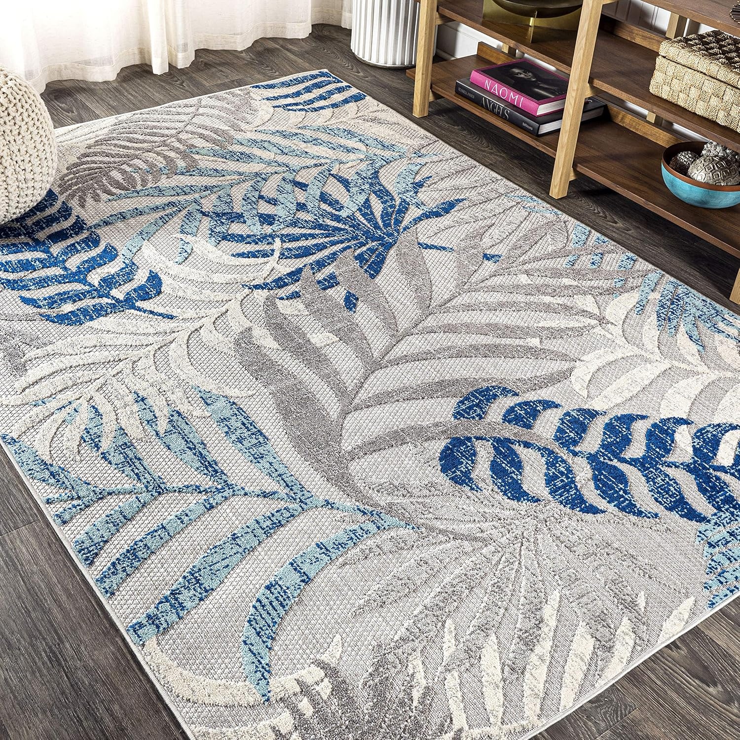 image:imageJONATHAN Y Tropics Palm Leaves Indoor Outdoor Area Rug 3x5 Dark BlueMulti Boho for Backyard Patio Porch EasyCleaning High Traffic PetFriendly NonShedding AMC100E3GrayBlue