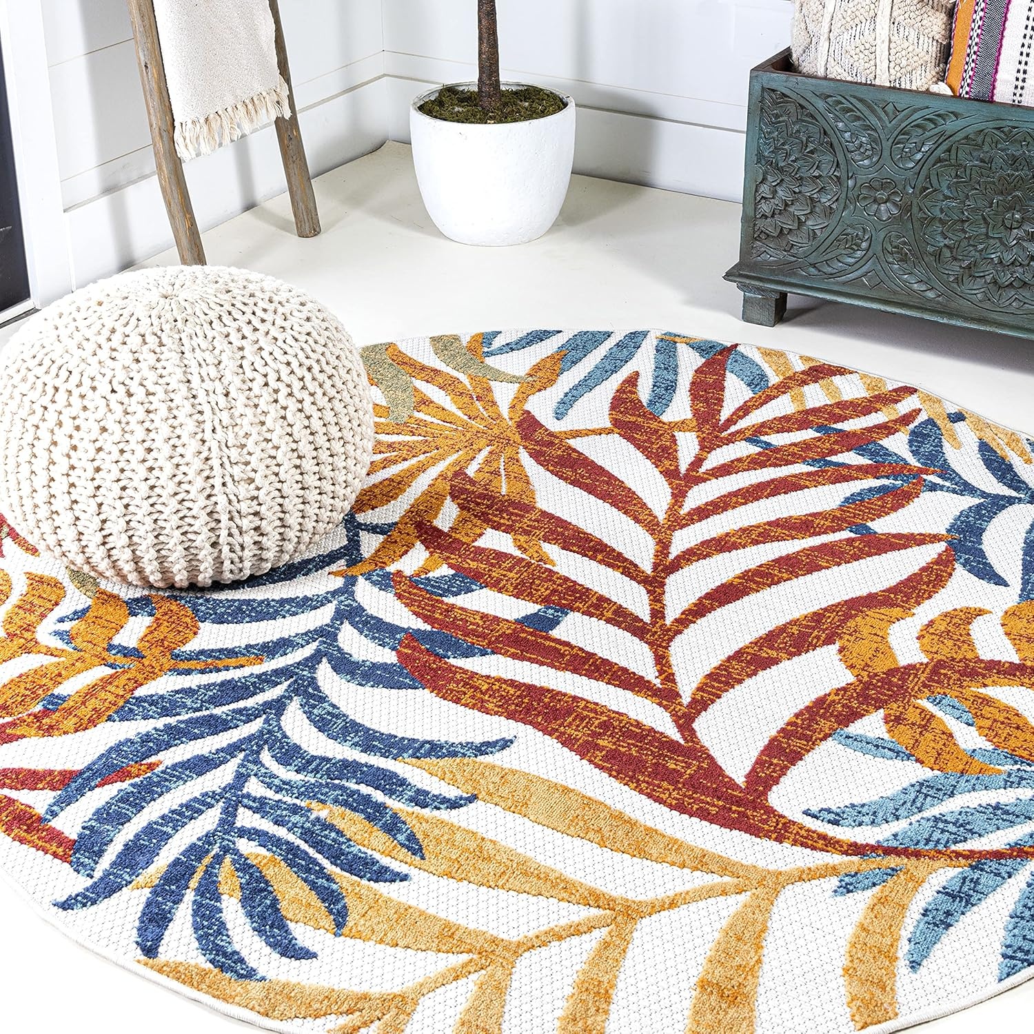 image:imageJONATHAN Y Tropics Palm Leaves Indoor Outdoor Area Rug 3x5 Dark BlueMulti Boho for Backyard Patio Porch EasyCleaning High Traffic PetFriendly NonShedding AMC100E3CreamOrange