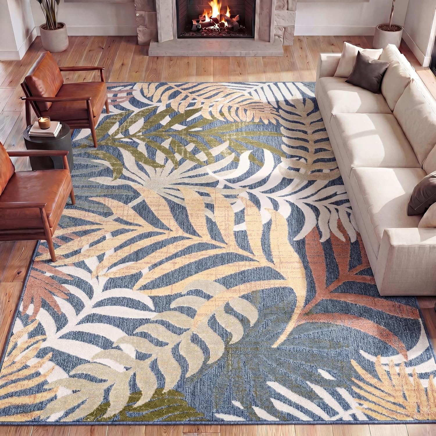 image:imageJONATHAN Y Tropics Palm Leaves Indoor Outdoor Area Rug 3x5 Dark BlueMulti Boho for Backyard Patio Porch EasyCleaning High Traffic PetFriendly NonShedding AMC100E3Dark BlueMulti
