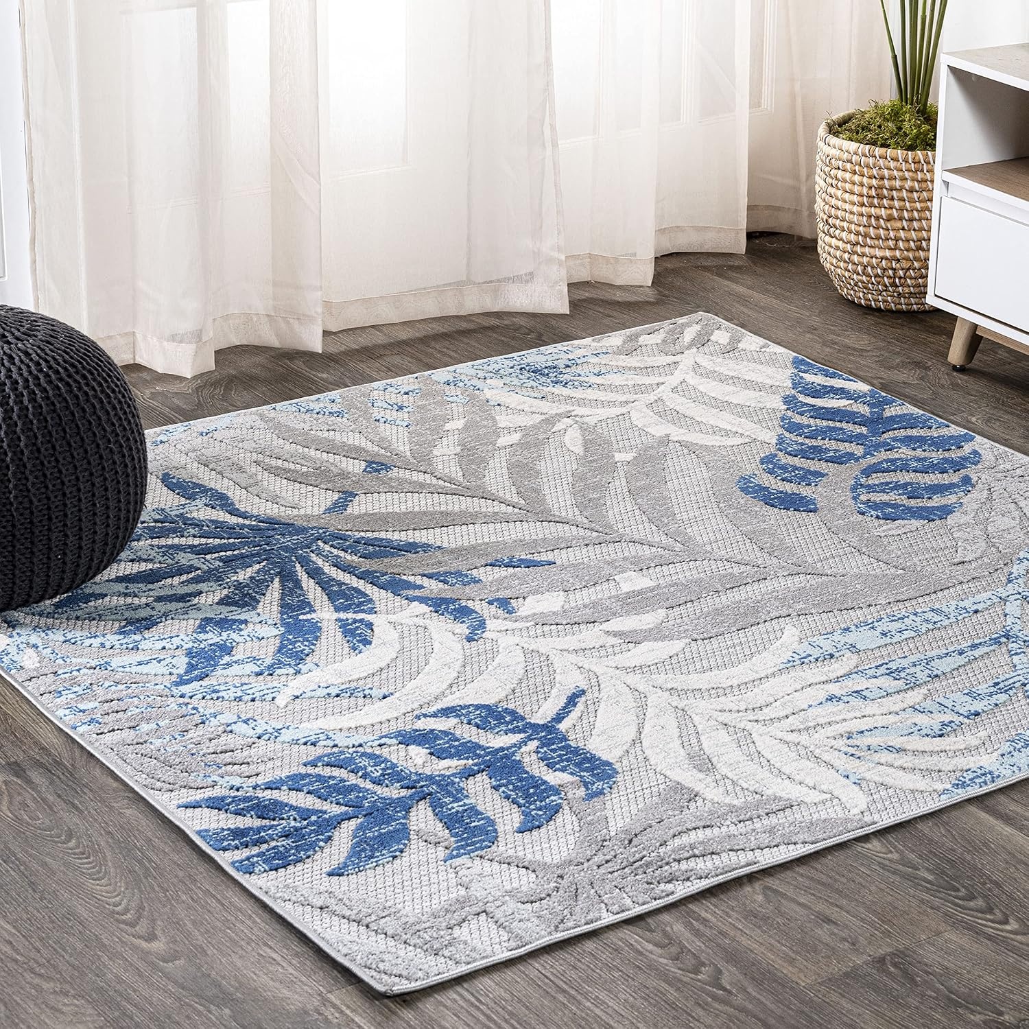 image:imageJONATHAN Y Tropics Palm Leaves Indoor Outdoor Area Rug 3x5 Dark BlueMulti Boho for Backyard Patio Porch EasyCleaning High Traffic PetFriendly NonShedding AMC100E3GrayBlue