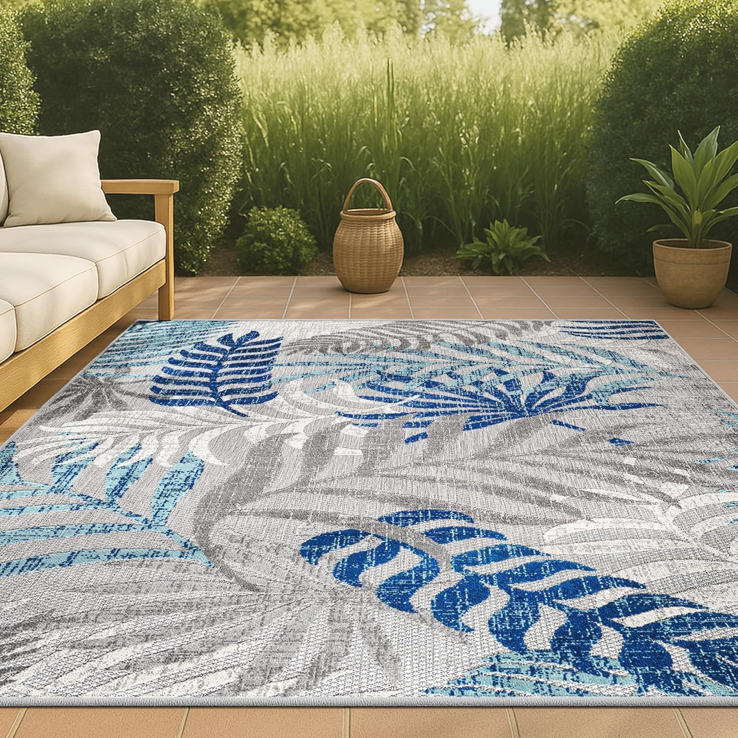 image:imageJONATHAN Y Tropics Palm Leaves Indoor Outdoor Area Rug 3x5 Dark BlueMulti Boho for Backyard Patio Porch EasyCleaning High Traffic PetFriendly NonShedding AMC100E3GrayBlue