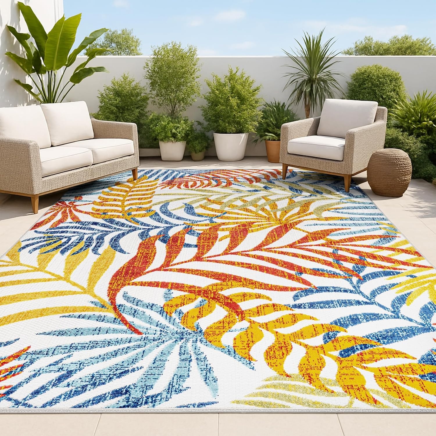 image:imageJONATHAN Y Tropics Palm Leaves Indoor Outdoor Area Rug 3x5 Dark BlueMulti Boho for Backyard Patio Porch EasyCleaning High Traffic PetFriendly NonShedding AMC100E3CreamOrange