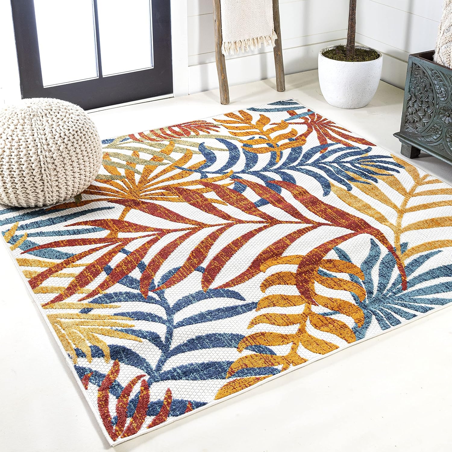image:imageJONATHAN Y Tropics Palm Leaves Indoor Outdoor Area Rug 3x5 Dark BlueMulti Boho for Backyard Patio Porch EasyCleaning High Traffic PetFriendly NonShedding AMC100E3CreamOrange
