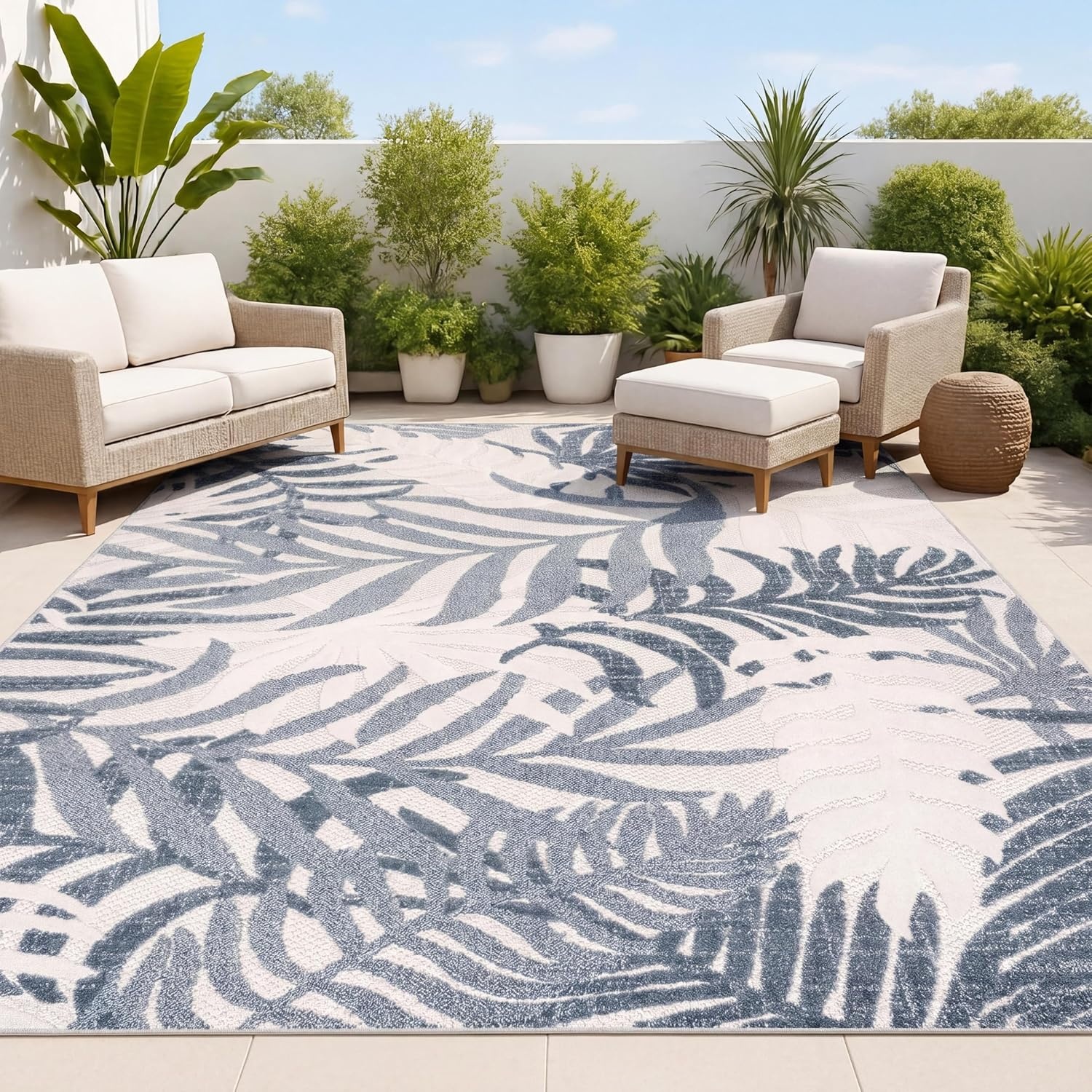 image:imageJONATHAN Y Tropics Palm Leaves Indoor Outdoor Area Rug 3x5 Dark BlueMulti Boho for Backyard Patio Porch EasyCleaning High Traffic PetFriendly NonShedding AMC100E3CreamDark Blue