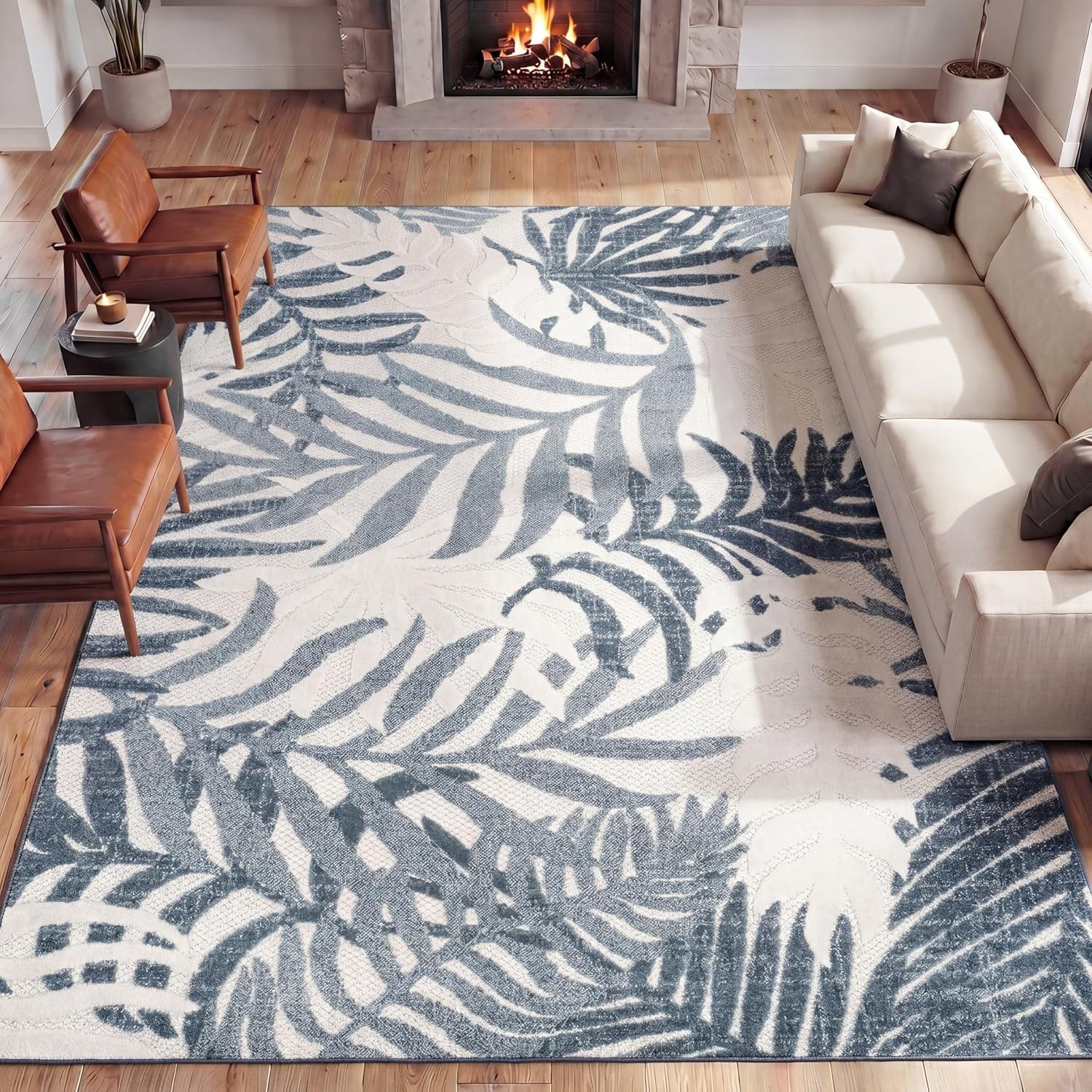 image:imageJONATHAN Y Tropics Palm Leaves Indoor Outdoor Area Rug 3x5 Dark BlueMulti Boho for Backyard Patio Porch EasyCleaning High Traffic PetFriendly NonShedding AMC100E3CreamDark Blue