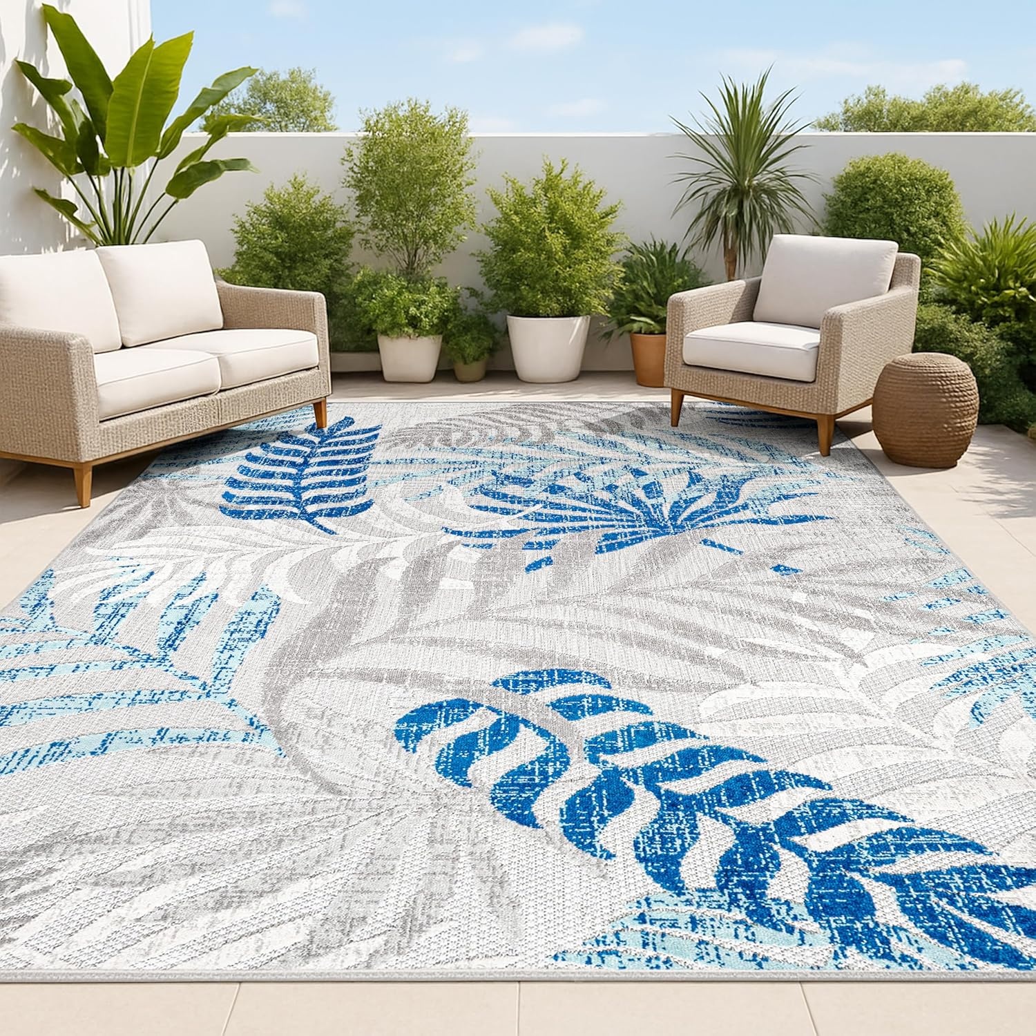 image:imageJONATHAN Y Tropics Palm Leaves Indoor Outdoor Area Rug 3x5 Dark BlueMulti Boho for Backyard Patio Porch EasyCleaning High Traffic PetFriendly NonShedding AMC100E3GrayBlue