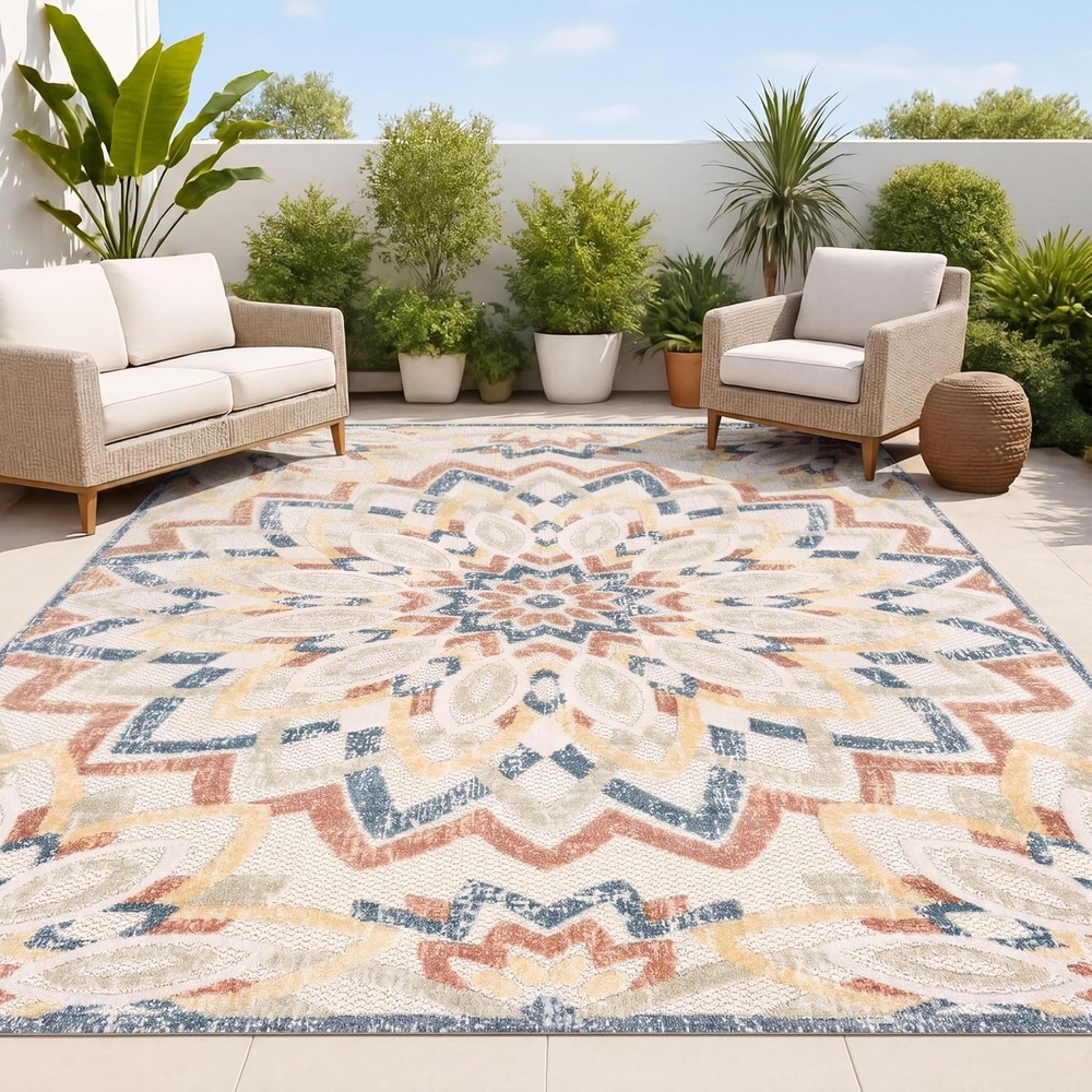 image:imageJONATHAN Y Abstract Bold Mandala Indoor Outdoor Area Rug 3x5 CreamMulti Flora HighLow for Backyard Patio Porch EasyCleaning High Traffic PetFriendly NonShedding AMC112F3