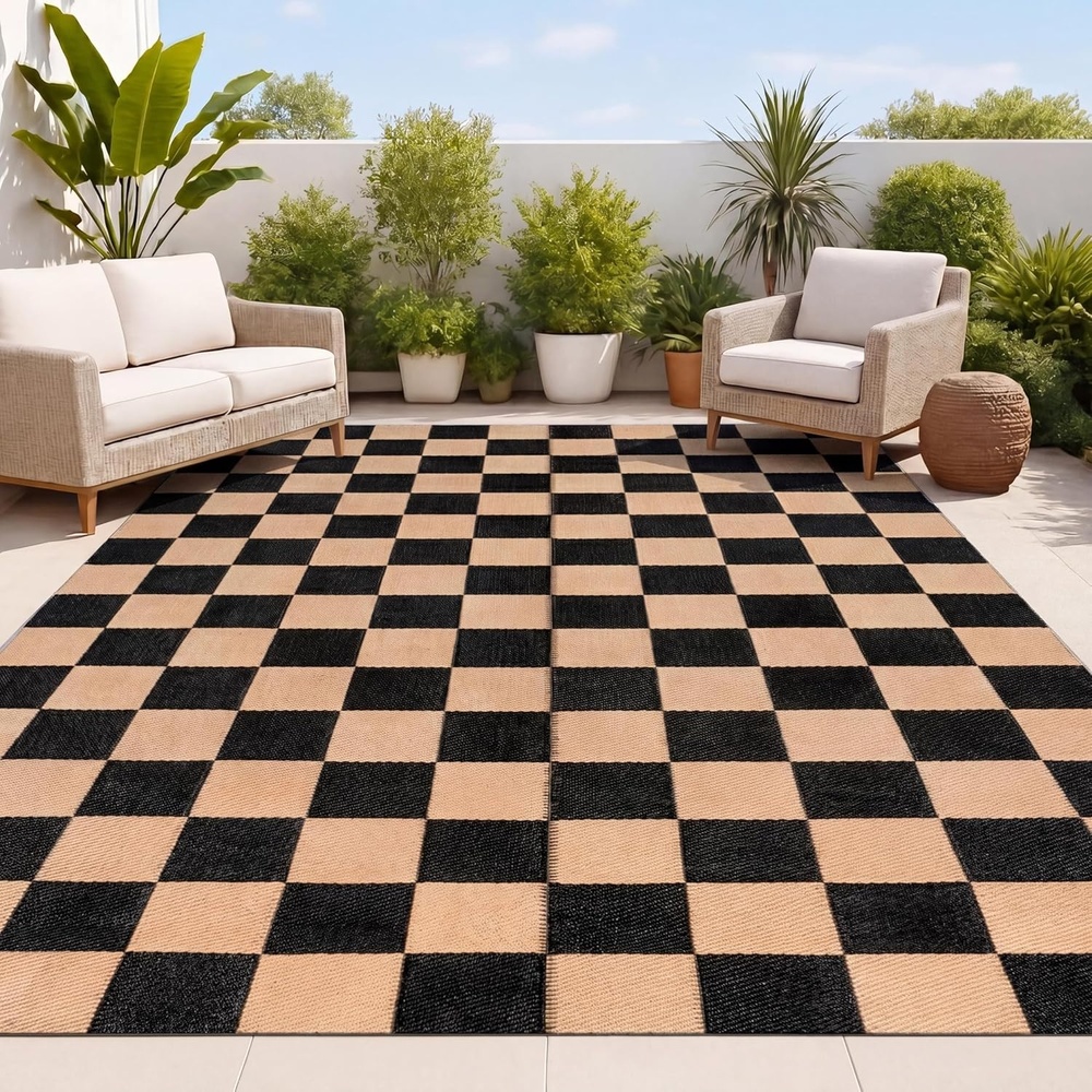 image:imageJONATHAN Y Meadow Grace Polypropylene Bishop Geometric Checker Waterproof Reversible Plastic Straw Outdoor Area Rug for Patio and Entryway 3 x 5 Black and Cream MDW103A3BlackCream