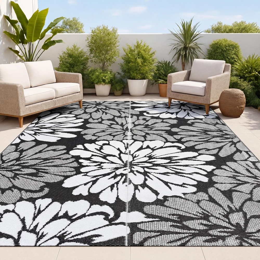 image:imageJONATHAN Y Meadow Grace Polypropylene Bloom Modern Floral Waterproof Reversible Plastic Straw Outdoor Area Rug for Patio and Entryway 3 x 5 Black and Cream MDW100A3GrayWhite