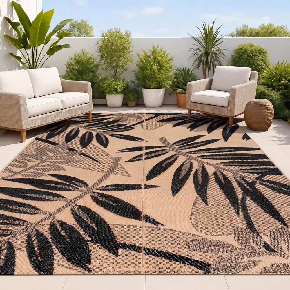 image:imageJONATHAN Y Meadow Grace Polypropylene Wilde Classic Botanical Waterproof Reversible Plastic Straw Outdoor Area Rug for Patio and Entryway 3 x 5 Black and Cream MDW101A3BlackCream