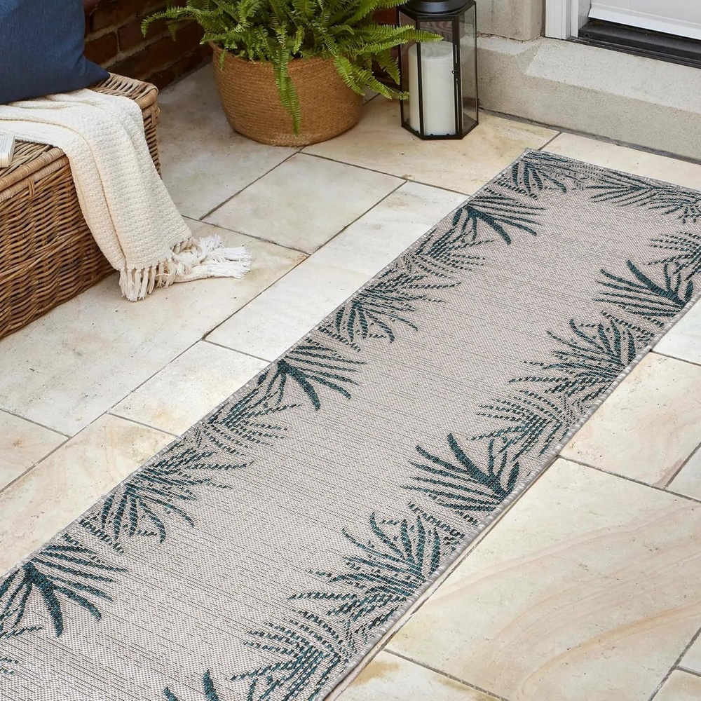 image:imageJONATHAN Y Tuscan Sun Polypropylene Indoor Outdoor Area Rug Brown and Dark Gray Isla Coastal Cottage Palm Frond Border Design 211 x 411 Durable LowPile for Patio or Entryway TSN207E3BlueCream